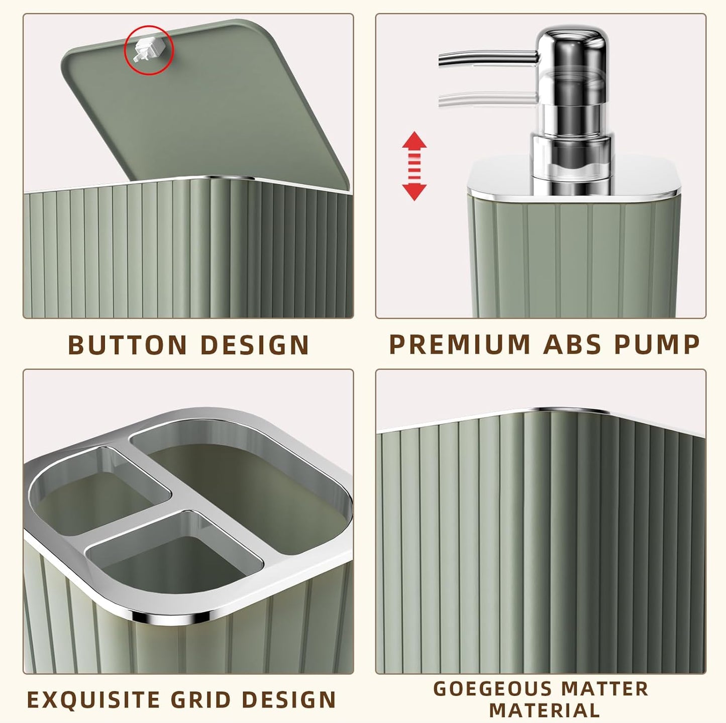Bathroom Accessories Set - 25PC Sage Bathroom Set, Bathroom Set with Shower Curtain and Rugs, Sage Green Shower Curtain Set, Bathroom Accessory Set, Trash Can & Soap Dispenser