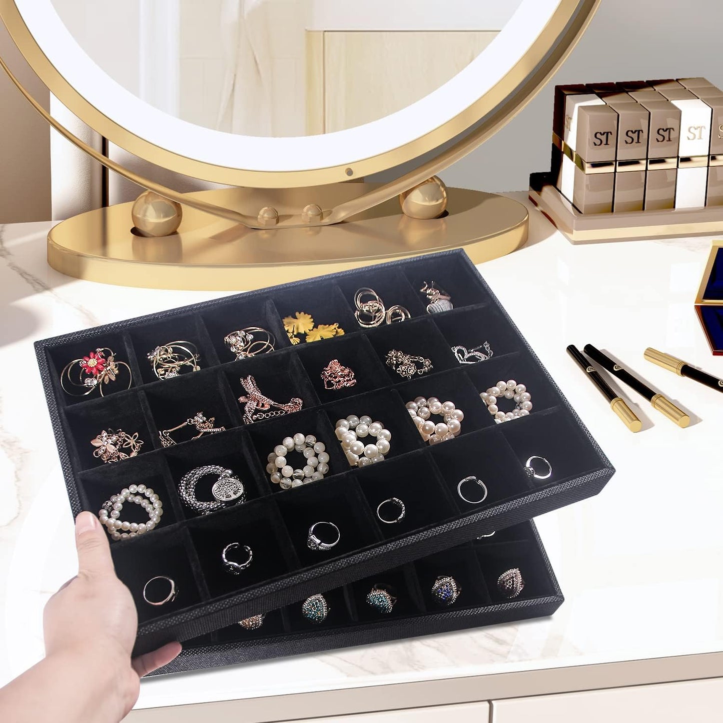 Julysky 2 Pack 24 Grids Jewelry Organizer Trays Ring Earring Display Stand for Selling, Black Velvet Necklace Holder Box Bracelet Case