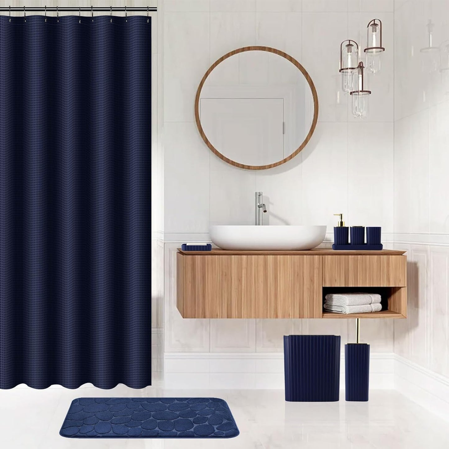 26PC Bathroom Accessories Set - Gorgeous Blue Bathroom Set, Bathroom Accessory Set, Navy Blue Shower Curtain Set with Bathtub Mats for Shower Tub