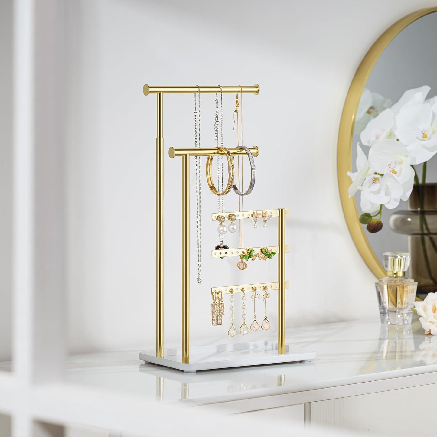 Jewelry Holder Organizer Stand - Adjustable Tall 17.5" (Max), Gift for Women, Mirrored Gold Jewelry Hanger for Necklaces, Earrings, Bracelets, Rings