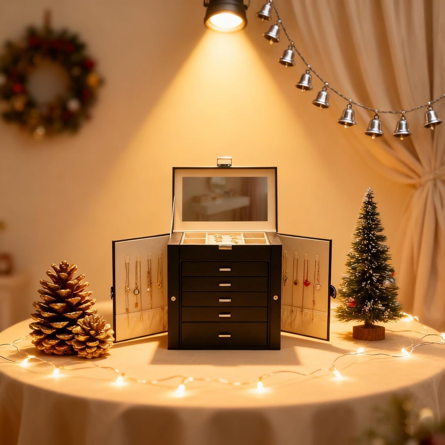 BOOVO Jewelry Box For women, 6 Layer Large Jewelry Organizer With Mirror, Multi-Function Storage Box With Lock, Necklace Holder With 5 Drawers, For Earrings Necklace Bracelet (Silver and Black)