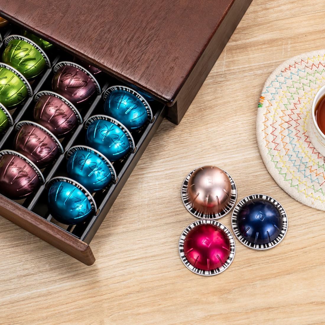 Flagship Vertuo Pod holder for Nespresso Pod Drawer Coffee Pod Organizer Modern Style & Coffee Machine Stand Wood Frame(40 Pods Capacity)