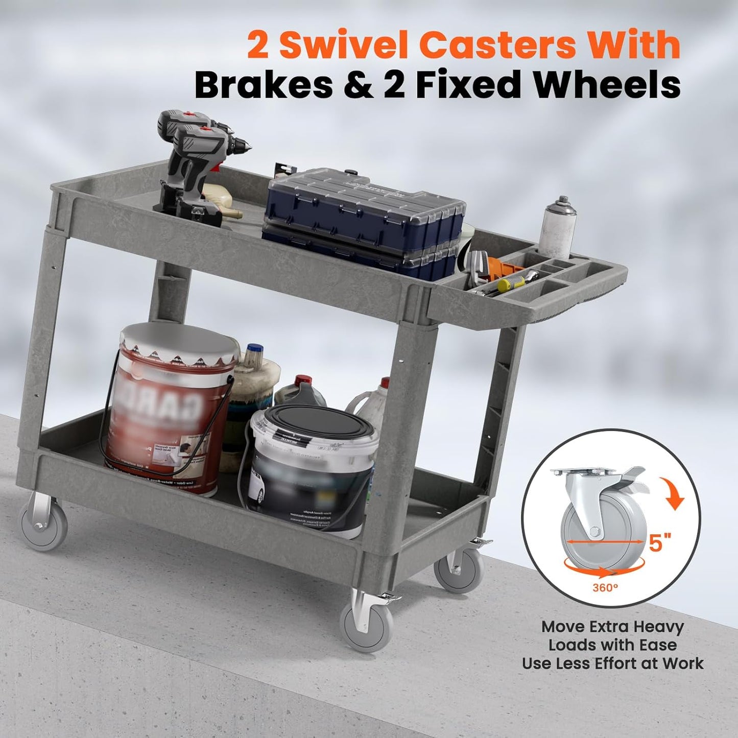 2 Tier Plastic Rolling Utility Cart on Wheels, Heavy Duty Tool Cart with Deep Shelves and 360° Swivel Wheels Holds up to 550 lbs, Service Cart for Warehouse,Garage, Cleaning (Gray-L)