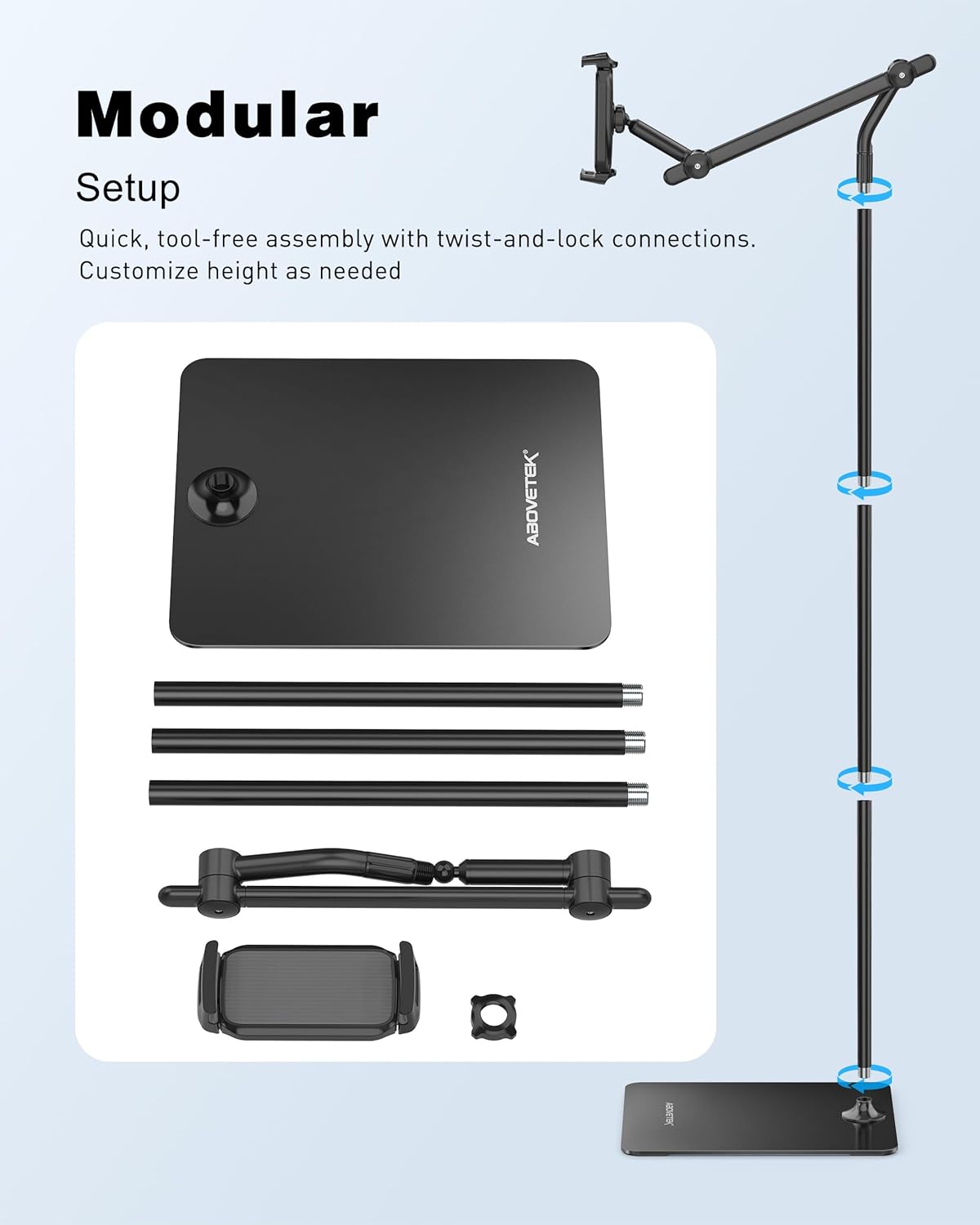 AboveTEK Tablet Floor Stand,Stylish Adjustable Height iPad Floor Stand with Stable Base,Aluminum 360° Rotation Holder for Sofa Bed,Fits 4.7-13.5"iPad Pro 12.9/Air/Mini,Galaxy Tab,iPhone,Kindle(Black)
