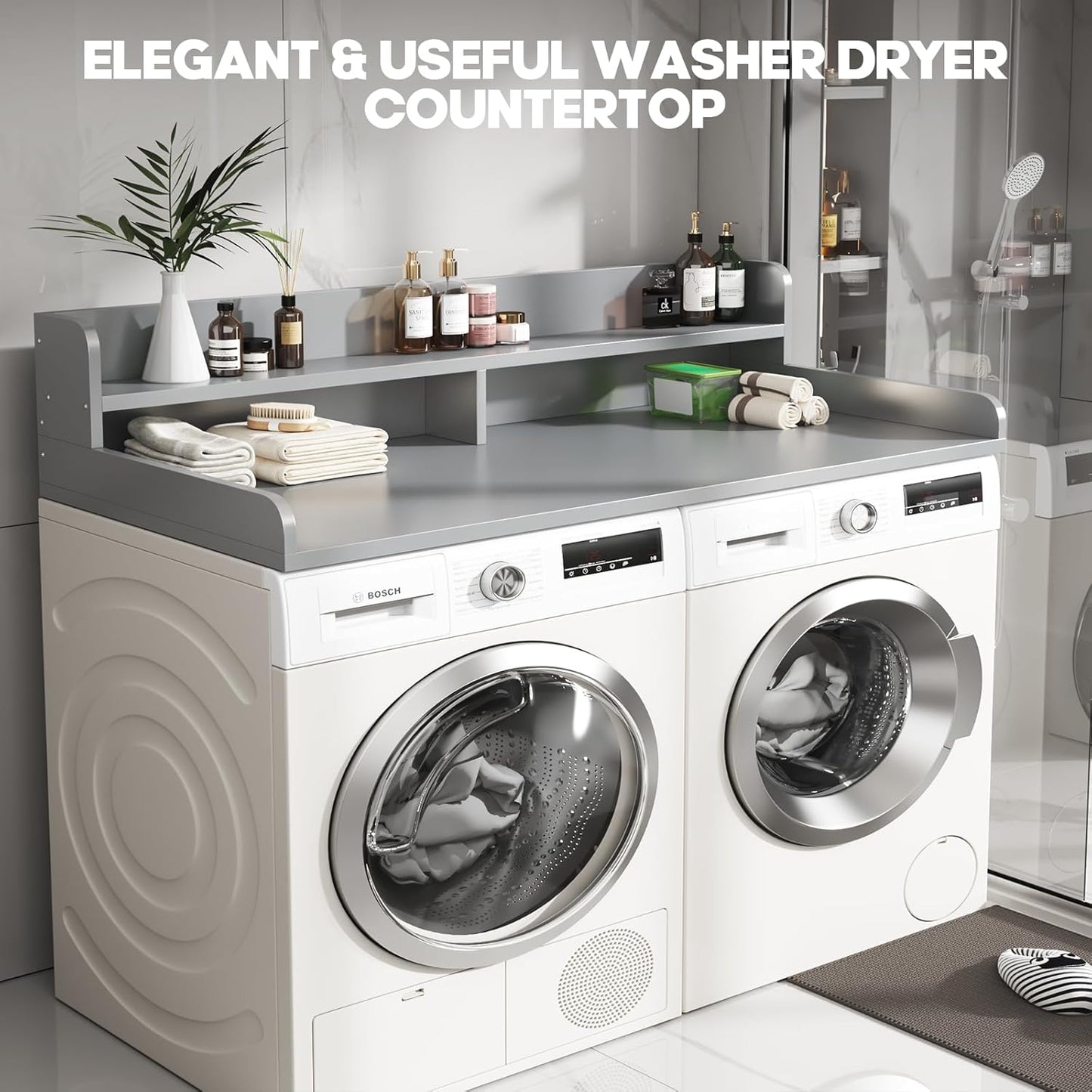 2-Tier Washer and Dryer Countertop with 2.75" H Guard,58" W x 28" D Laundry Countertop Cover with Non-Slip Pad,Large Space Laundry Topper for Folding Clothes Over Washer and Dryer-Grey