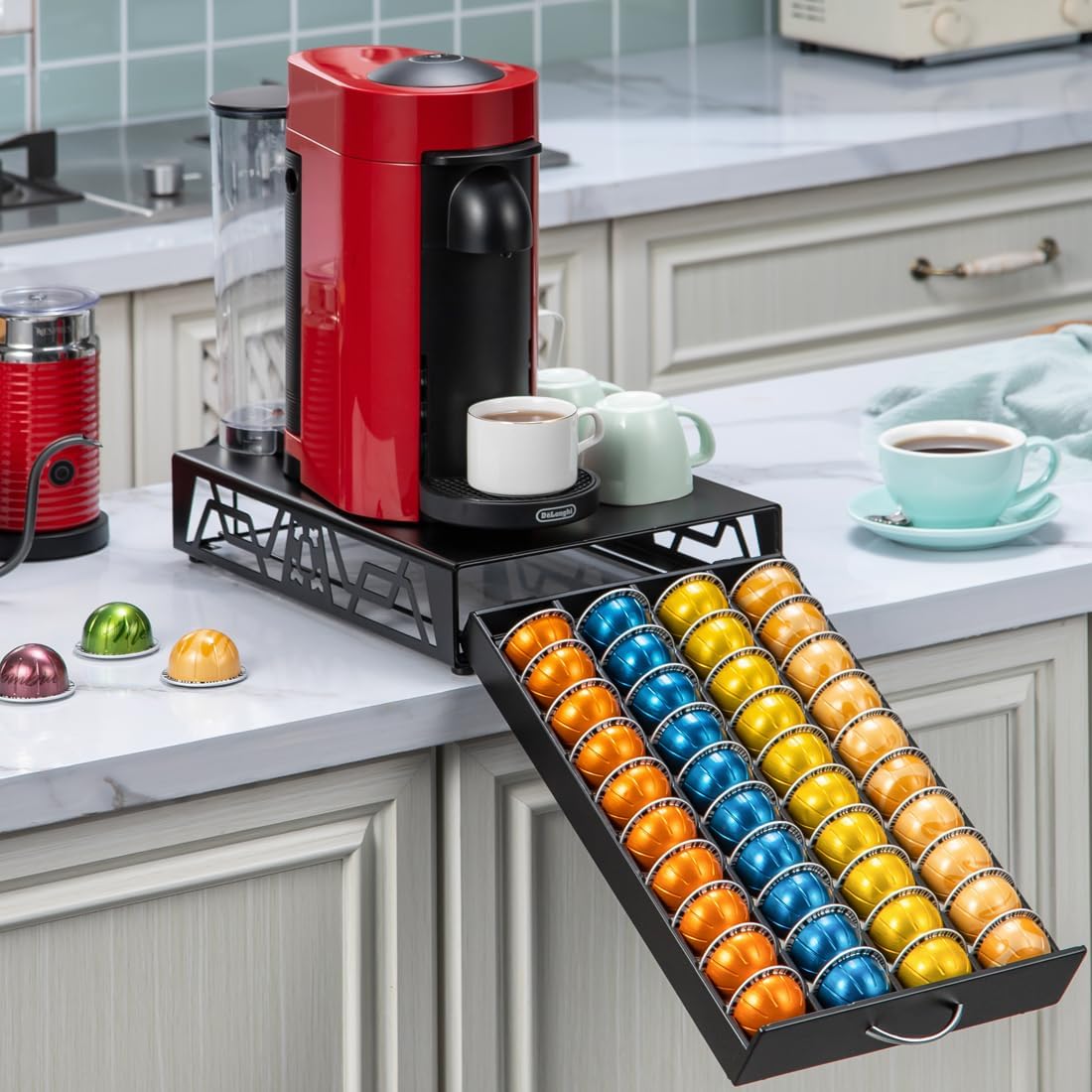 FlagShip Vertuo Pod Holder- Modern Black Metal Coffee Capsule Organizer & Space-Saving Pod Storage for Coffee Machines, Generous 40 Vertuo Pods Capacity