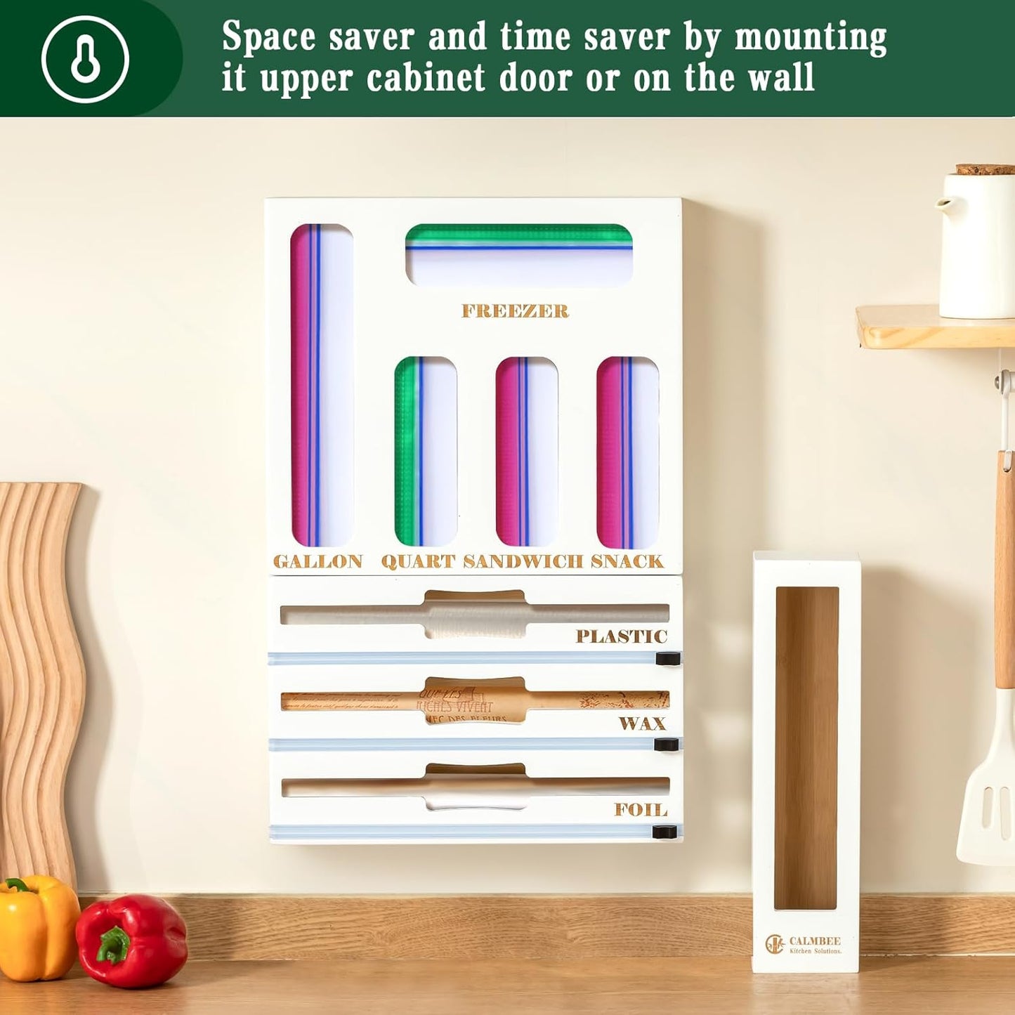 Calmbee Storage Bag Organizer - Foil & Plastic Wrap Organizer with Cutter, Kitchen Storage Compatible with Gallon, Quart, Sandwich, Snack Bags & 12" Aluminum Foil & Wax Paper, White