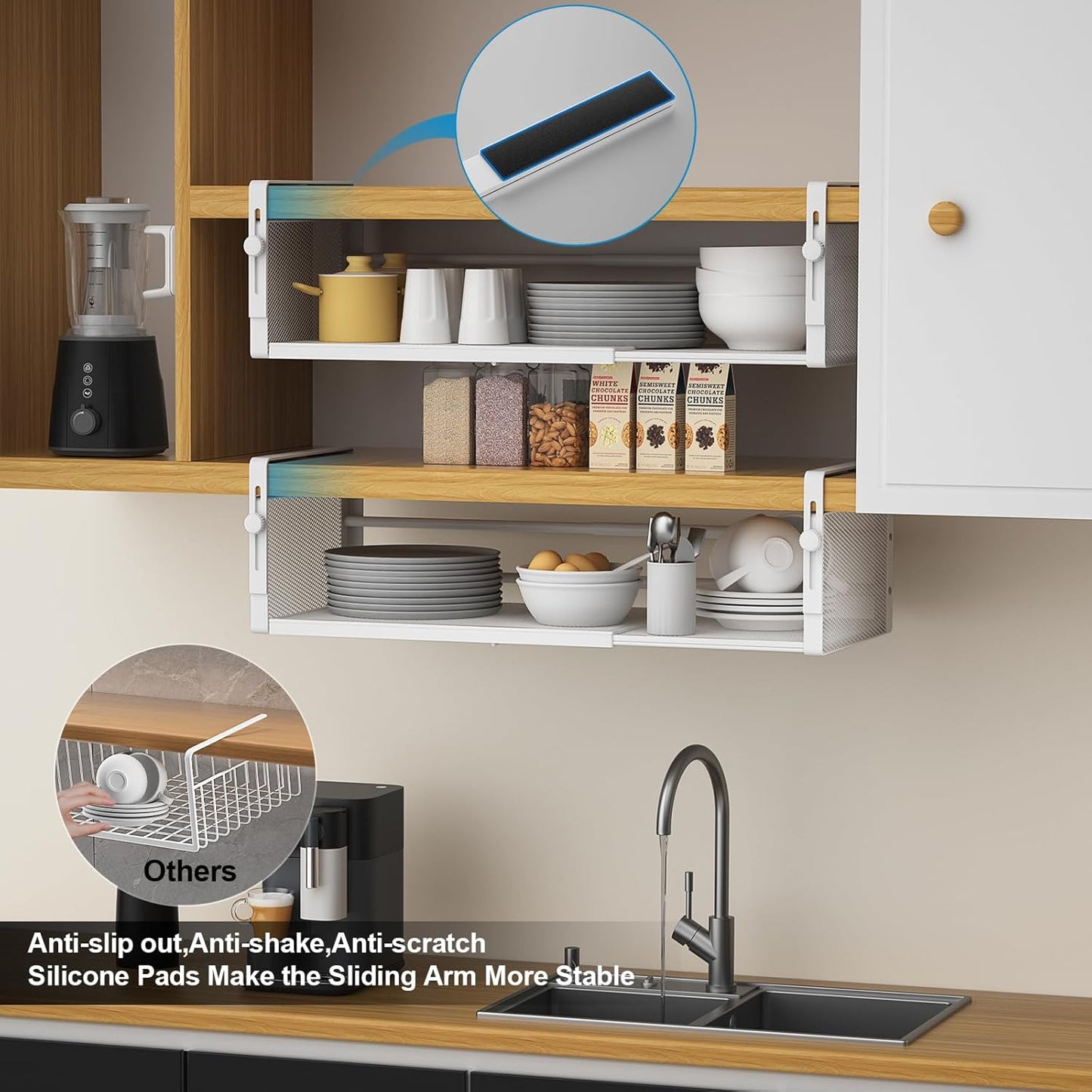 2Pack Under Shelf Basket, Adjustable Hanging Under Cabinet Shelf Storage, Hanging Holder Length Stretchable 14.9-22.6Inch for Kitchen Pantry Desk Counter Bookshelf Cupboard (White)