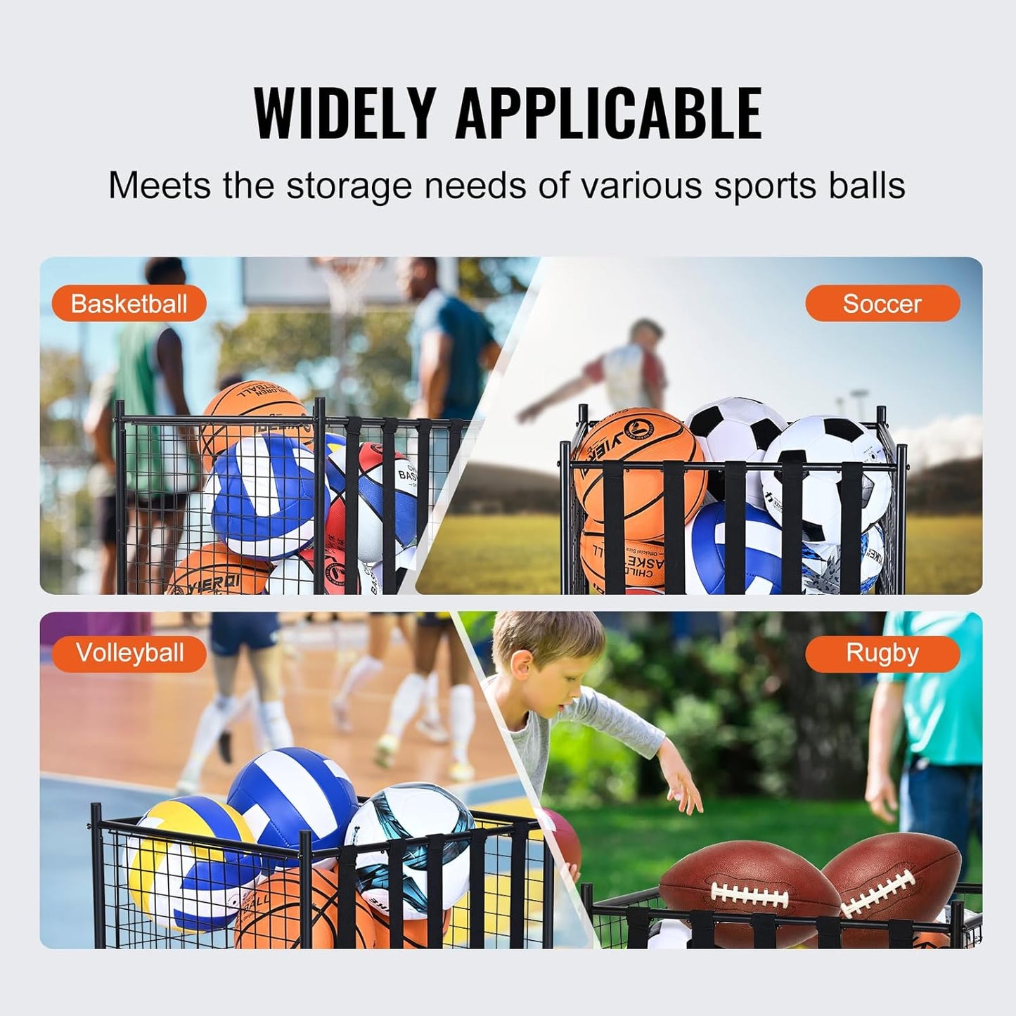 VEVOR Rolling Sports Ball Storage Cart, Lockable Basketball Cage with Double Lids, Sport Equipment Holder Organizer for Indoor Outdoor, Steel Storage Rack for Garages, Playgroup, Gym and Schools