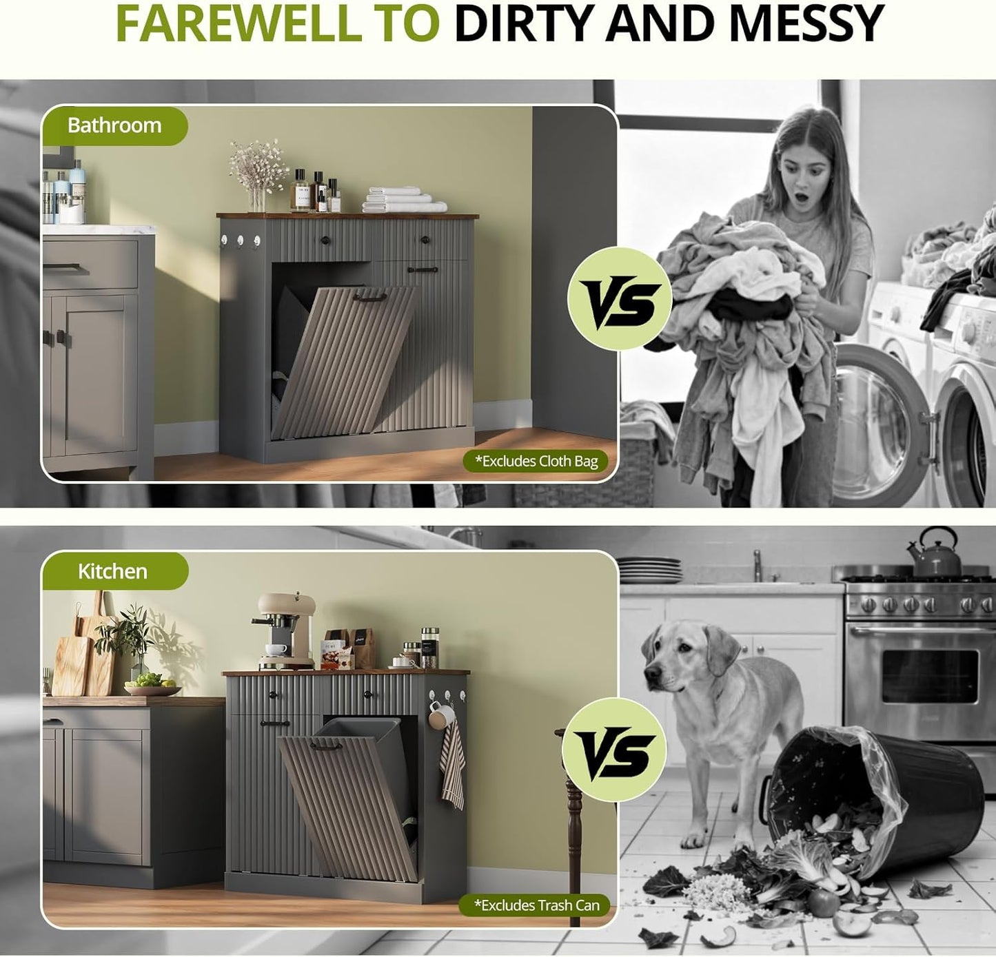 Double Tilt Out Trash Can Cabinet, 20 Gallon Fluted Laundry Hamper Cabinet with 2 Drawers, Wooden Hidden Garbage Can Cabinets for Kitchen, Living Room, Without Trash Bin or Laundry Hamper,Grey