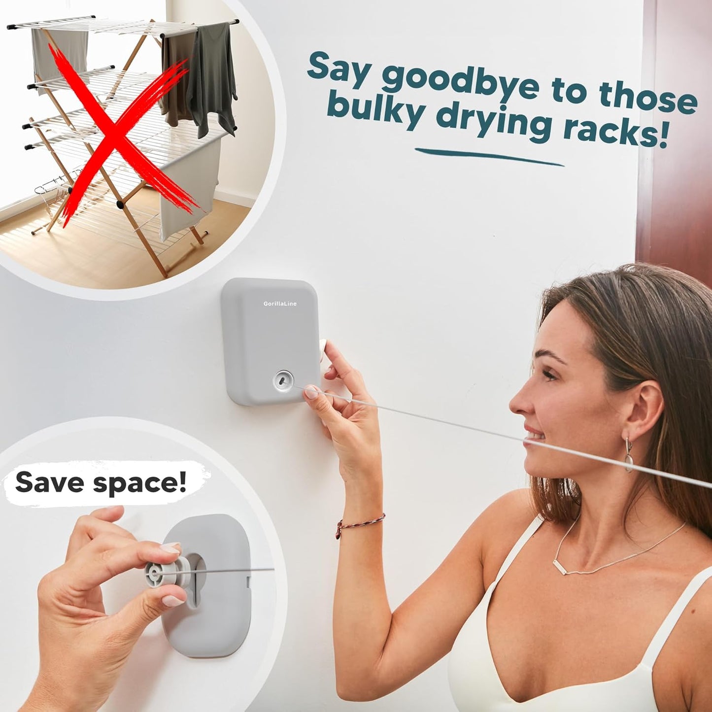 GorillaLine Retractable Clothesline, Indoor and Outdoor, Heavy Duty Wall Mounted Laundry Line, Space Saving Drying Rack for Towels, Sheets and Clothing, Stainless Steel, for Bathroom, Balcony or RV
