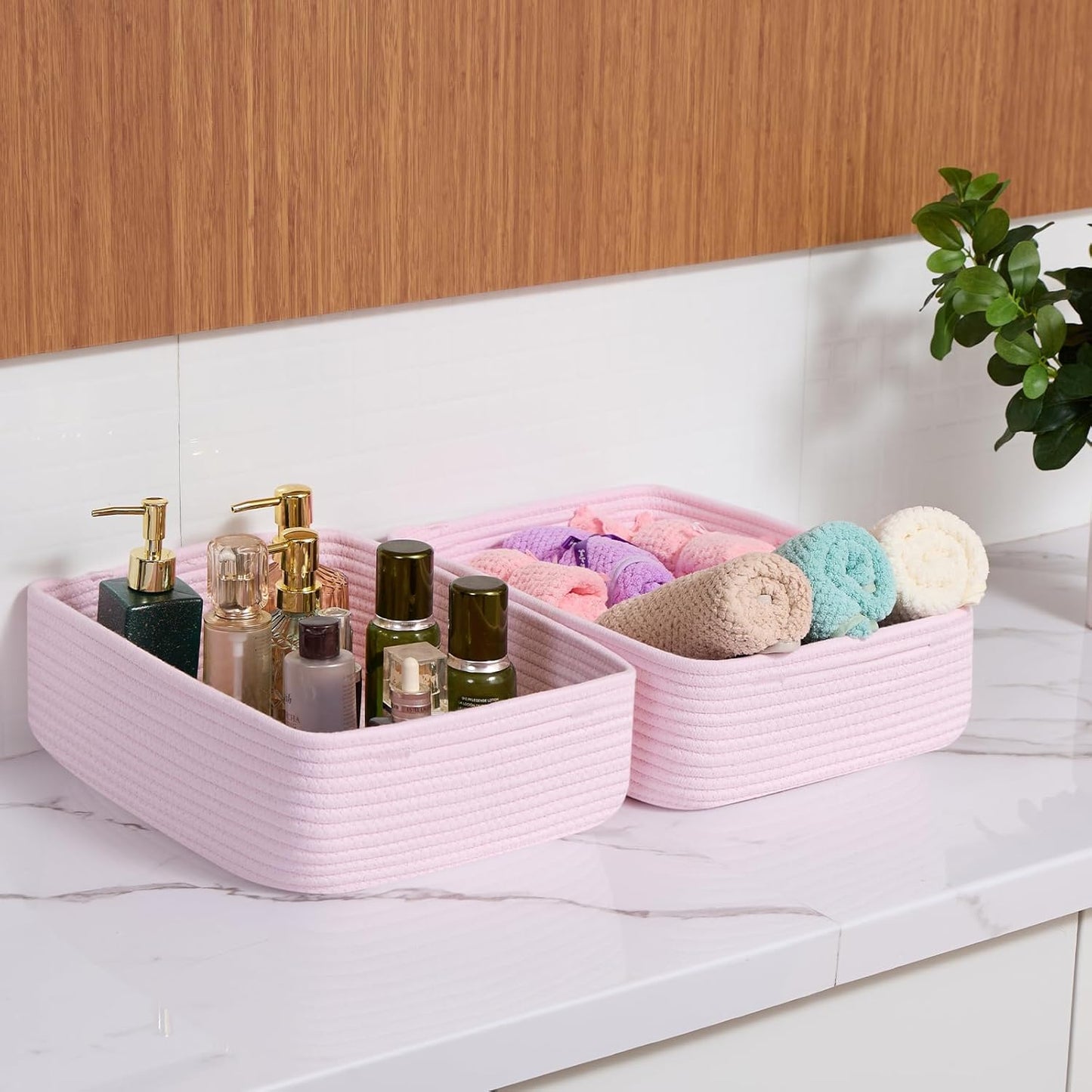 Large Shallow Organizing Baskets 15x11x5.1 Inches - Rope Woven Storage Bins for Bathroom, Shelves, Cube Closet, Light Pink 3 Packs