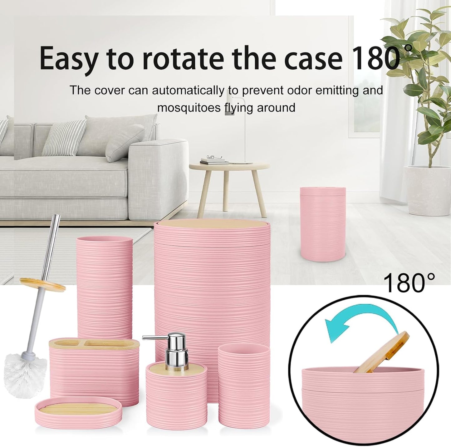 CERBIOR Bathroom Accessories Set 6 Piece Bamboo Bath Ensemble Includes Soap Dispenser, Toothbrush Holder, Toothbrush Cup, Soap Dish for Decorative Countertop and Housewarming Gift, Sriral Pink