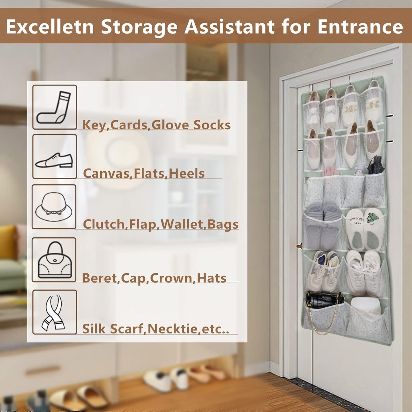 18 Pockets Over the Door Organizer with 4 Kind Pockets,Behind Door Shoes Rack,Back of Closet Storage Organization for Socks,Hat,Underwear,Luggage Packing,Hanging Holder Shelf in Home Dorm,Travel,Green
