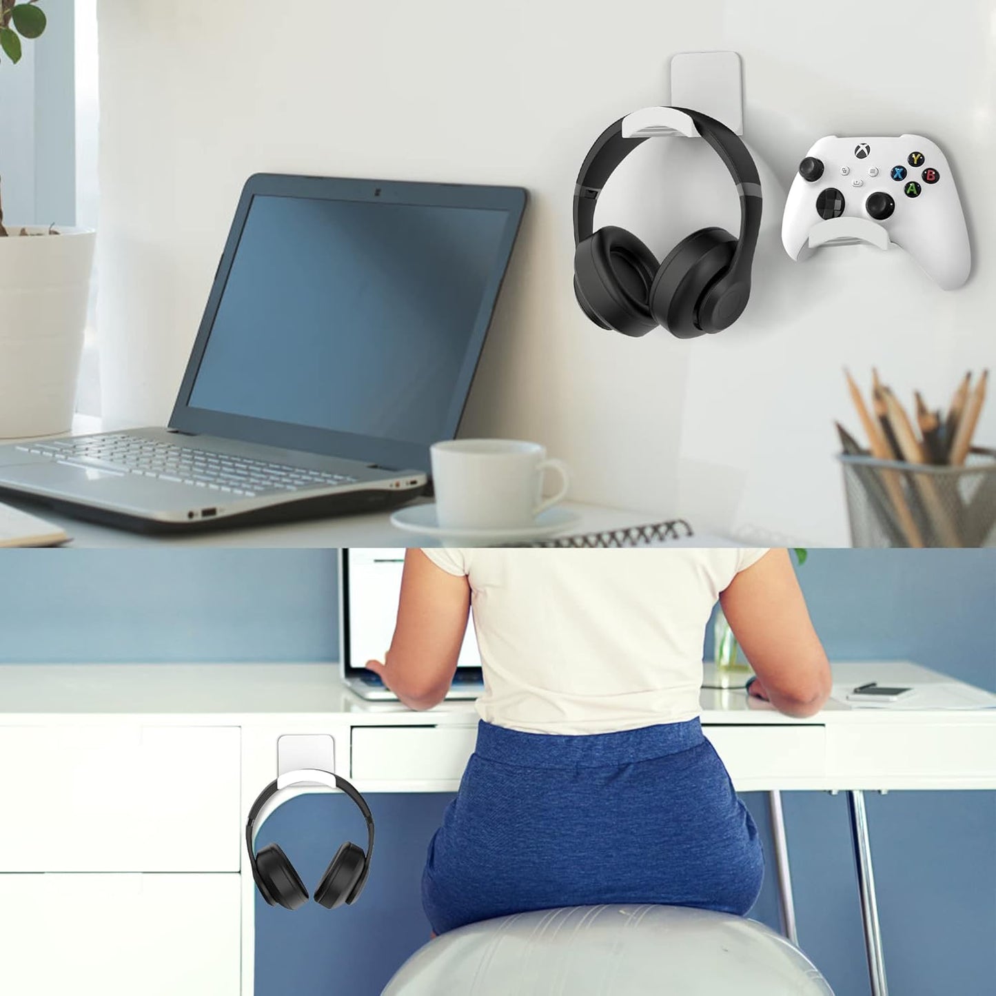 HomeMount Headphone Stand - Adhesive Gaming Headset Hanger Hook Desk Mount for Most Headphones & Controllers (White 2Pack)