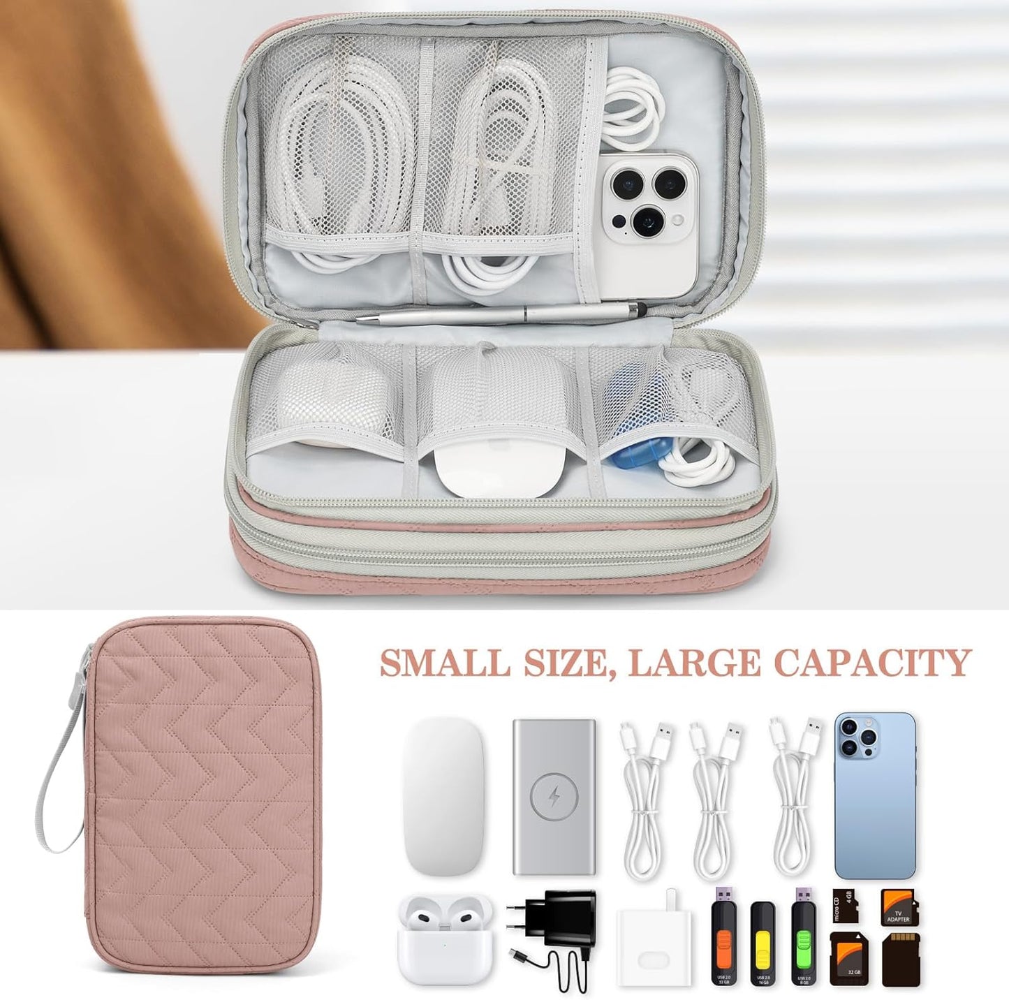 FYY Electronic Organizer, Large Travel Cable Organizer Bag Pouch Electronic Accessories Carry Case Portable Waterproof Double Layers All-in-One Storage Bag for Cable, Cord, Charger, Pattern Pink