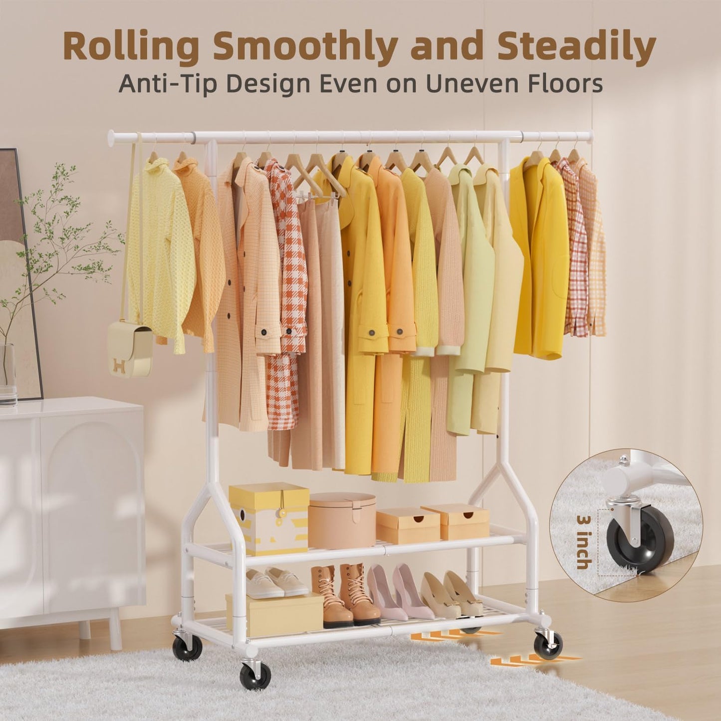 EAGMAK Heavy Duty Clothes Rack Load 556 LBS, Rolling Clothing Rack With Shelves, Height Adjustable Metal Clothes Hanger with Wheels Portable Wardrobe Organizer Garment Rod for Hanging Clothes (White)
