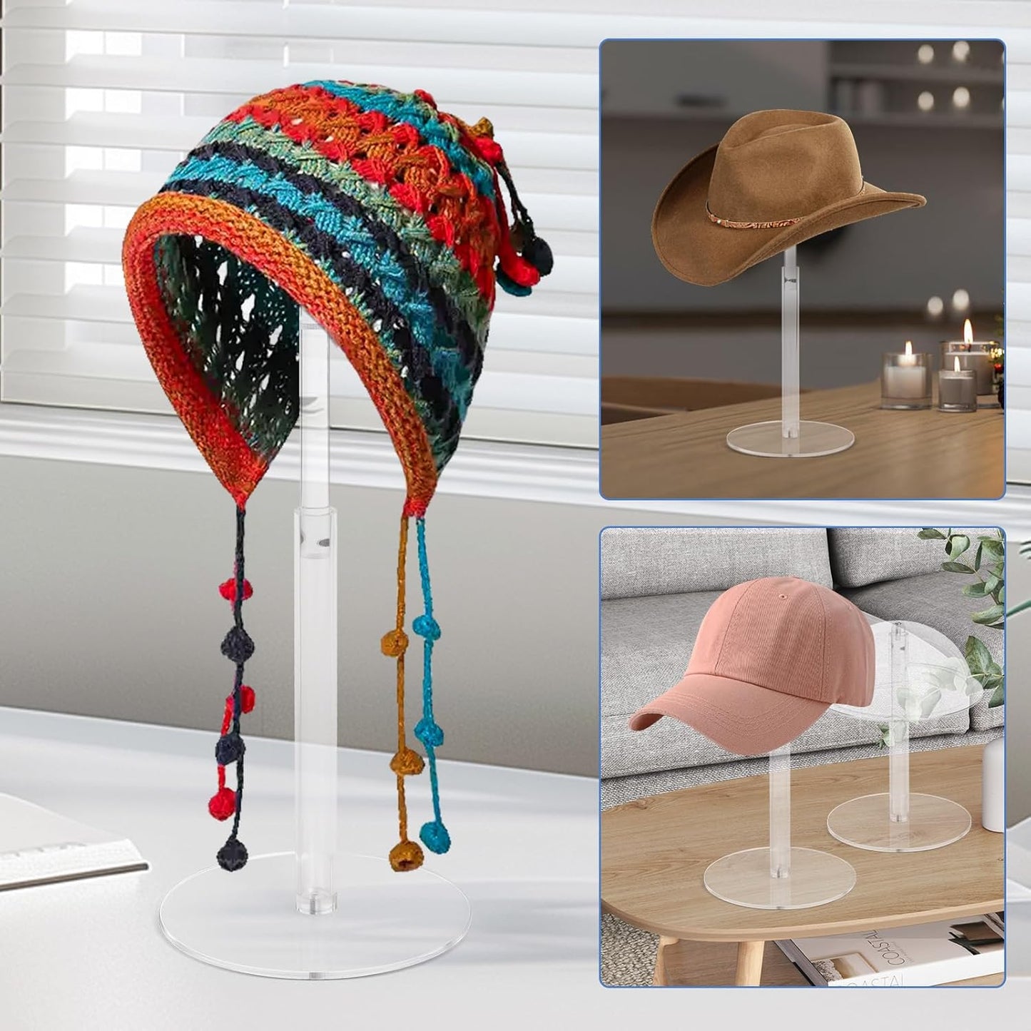 2PCS Acrylic Hat Stand and Wig Display Rack with Height Adjustable, Clear Dome Tabletop Hat Stand Cap, Sun Hat Holder Stand, Cowboy Hat Holder Baseball Cap Rack for Display