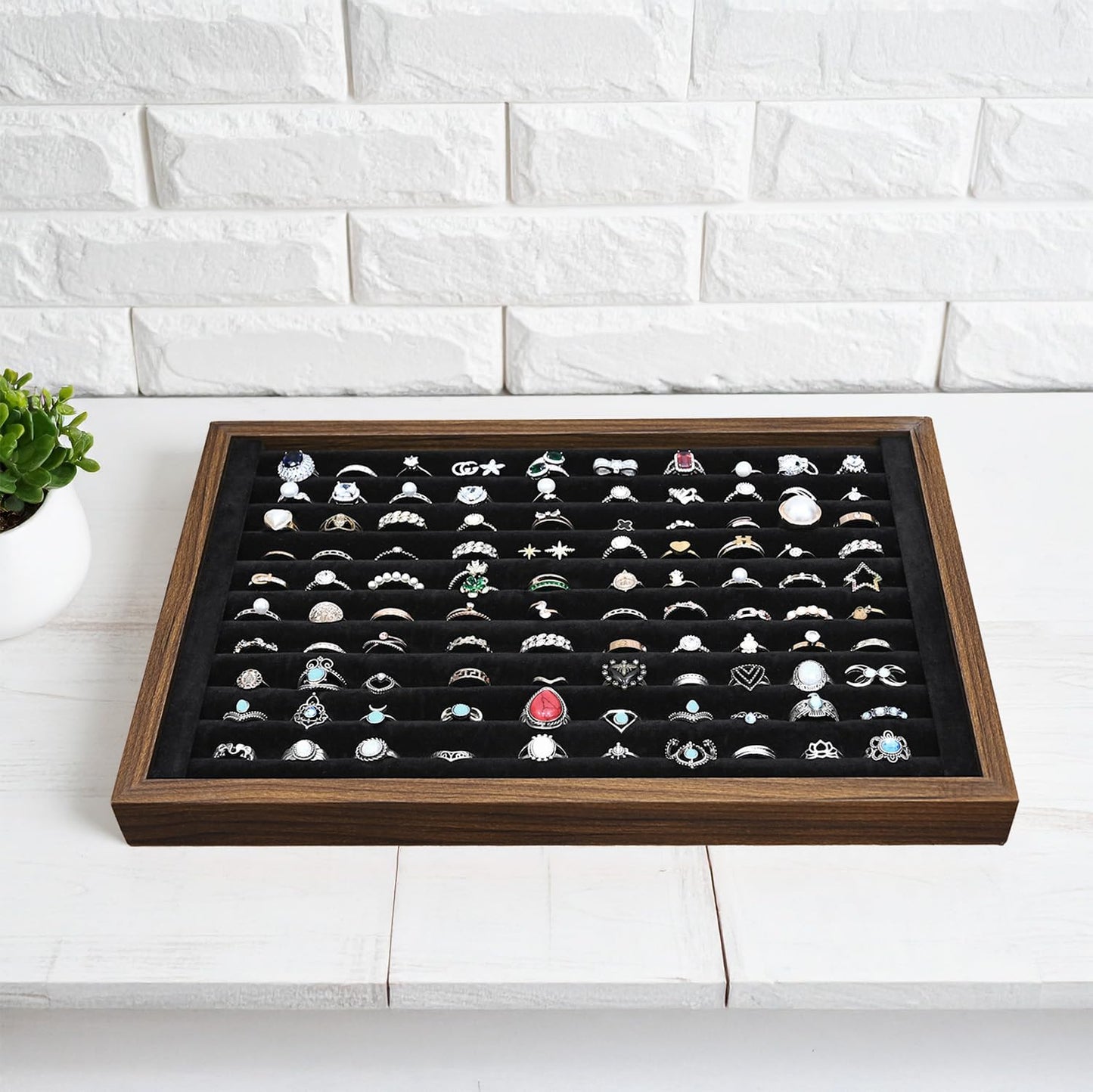 MOOCA 2 Pcs Wooden Ring Display Tray Set with Black Suede Lining, Ring Organizer for Jewelry Storage and Display, Walnut Color, 14W x 9.7D x 1.2H in