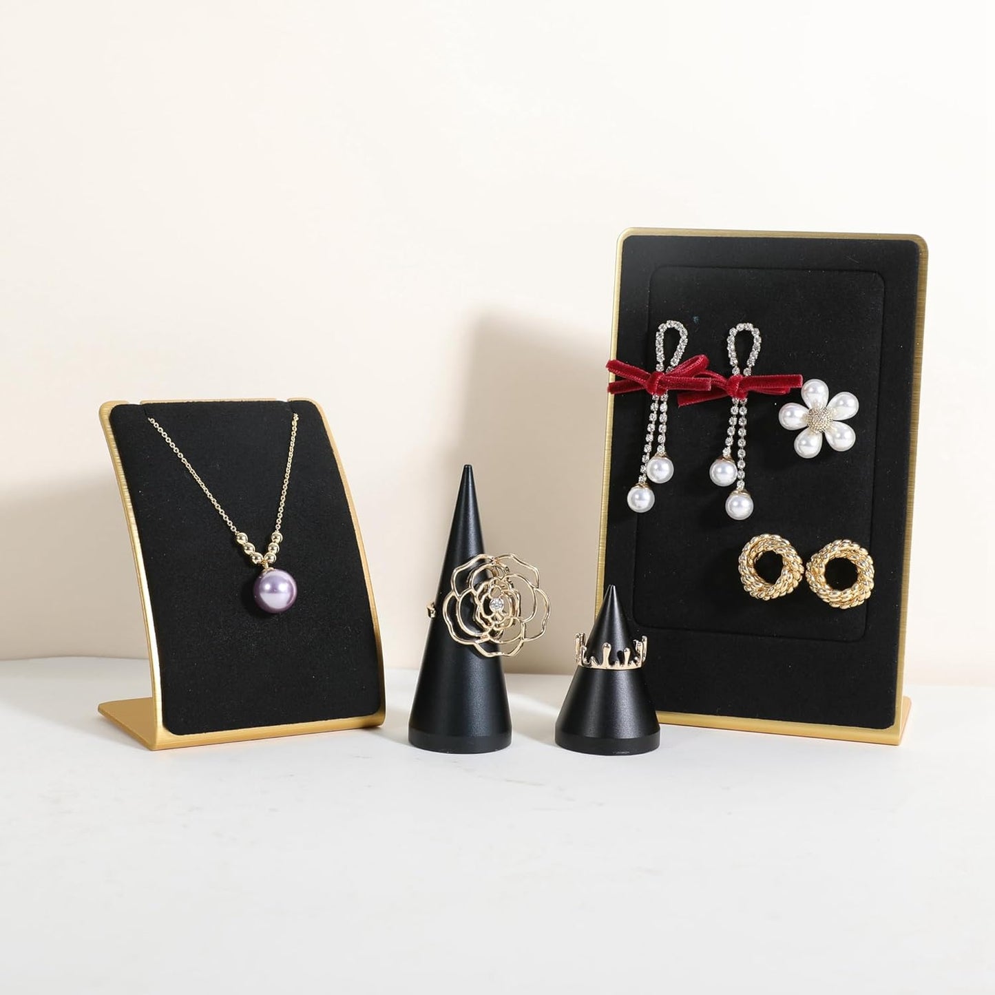 GemeShou Black Necklace display stand, Velvet Jewelry necklace display holder for selling, small metal earring neck storage organizer, online jewelry photography props【Black】