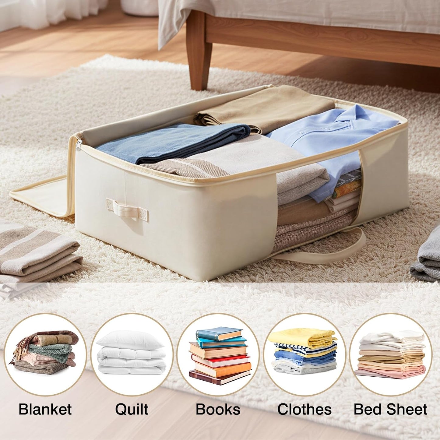 YGEOMER 2 Pack Canvas Blanket Storage Bags with Zipper Foldable Closet Organizers Storage Containers with Reinforced Handle for Dorm Storage Organizing, Bedroom, Closet,Blanket, Clothing, Comforters