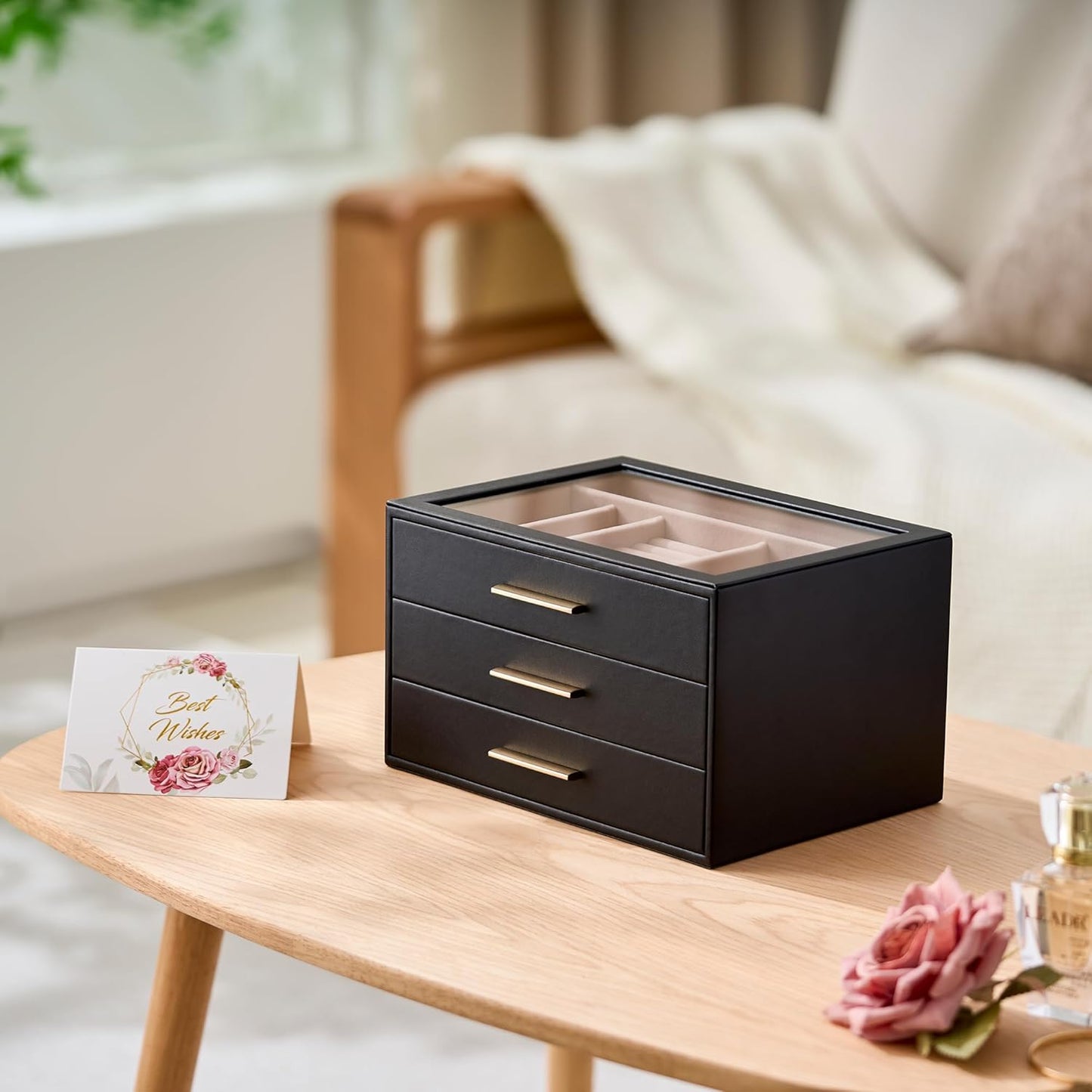pickpiff Jewelry Box Organizer Case for Women: 3-Layer Jewelry Storage Case with Glass Window, Black Leather with Blush Velvet, Holder for Ring Necklace Bracelet Brooch Watch, Great Gift for Her
