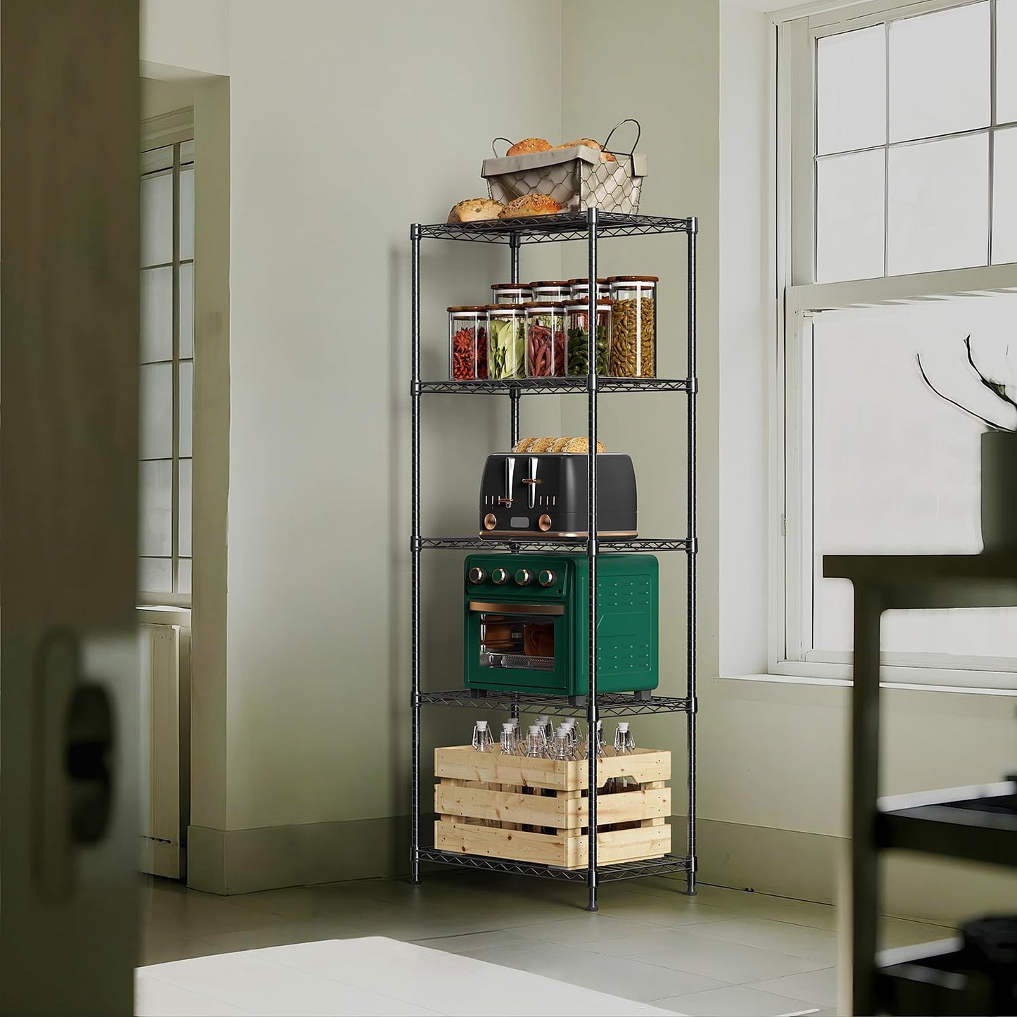 1250 lbs 5 Tier Shelf Metal Storage Shelves Wire Rack Closet Organizers with Wheel for Garage Kitchen Bathroom Laundry Black 13.7" D x 23.6" W x 62.4" H