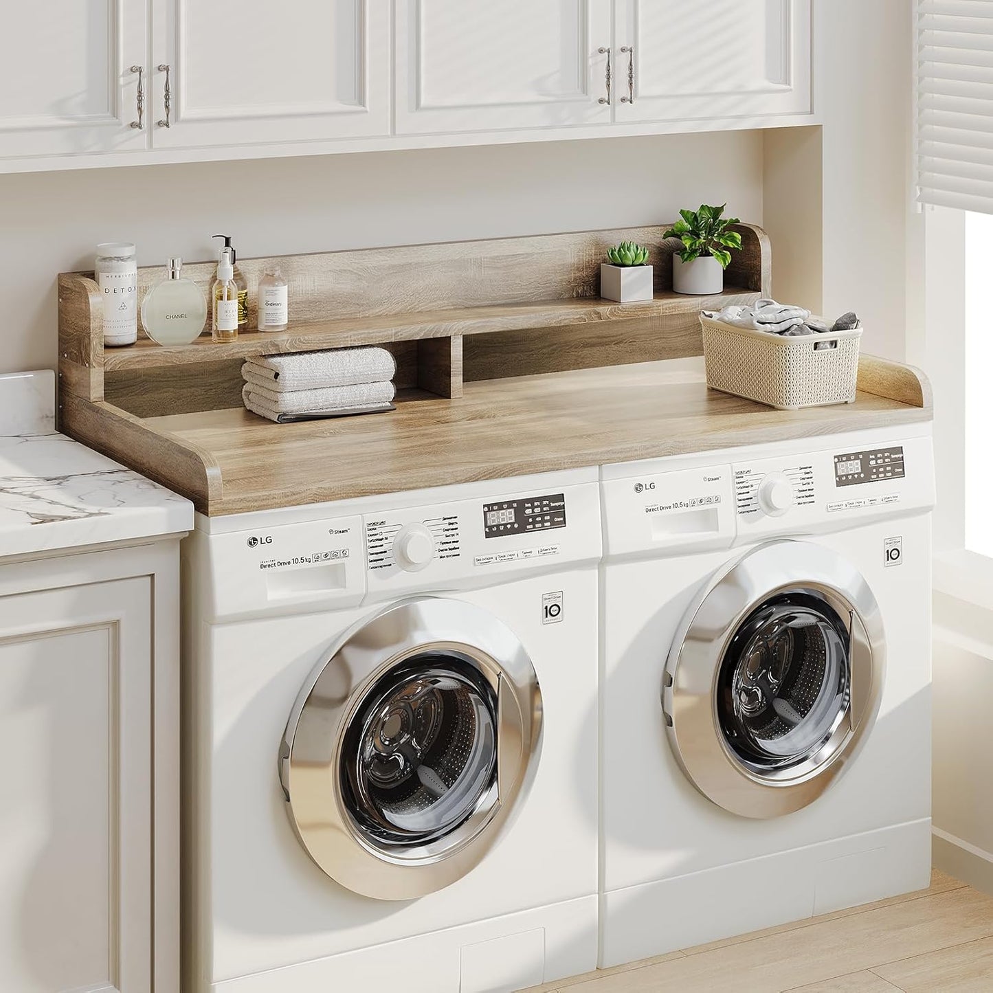2-Tier Washer Dryer Countertop with 2.75" H Edge Rails, 58" W x 28" D Laundry Countertop for Folding Clothes, Washer and Dryer Topper with Non-Slip Pad (White Oak)