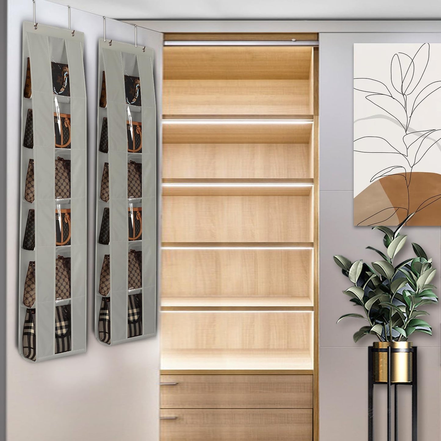 Lirex Over The Door Organizer, 2 Pack Handbag Storage with 6-Tier Space-Saving for Door or Closet, Handbag Hanger, Grey