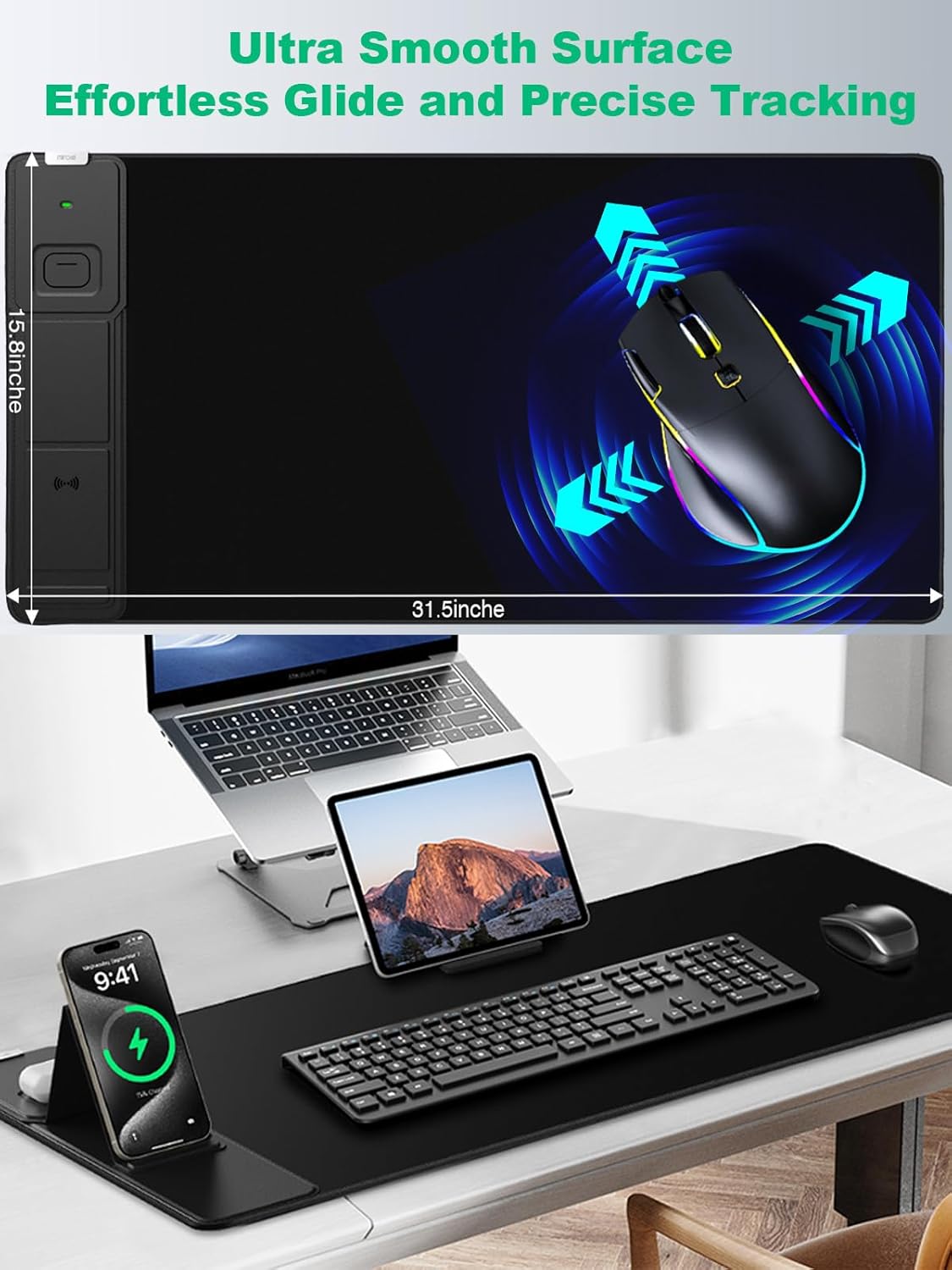 Mouse Pad, Office Desk Mat, Large Gaming Mousepad with Superior Micro-Weave Cloth, XXL Desk Pad with Stitched Edges, Non-Slip Writing Pad for Gamer, Laptop, Work & Home (Black with 20W PD Charger)