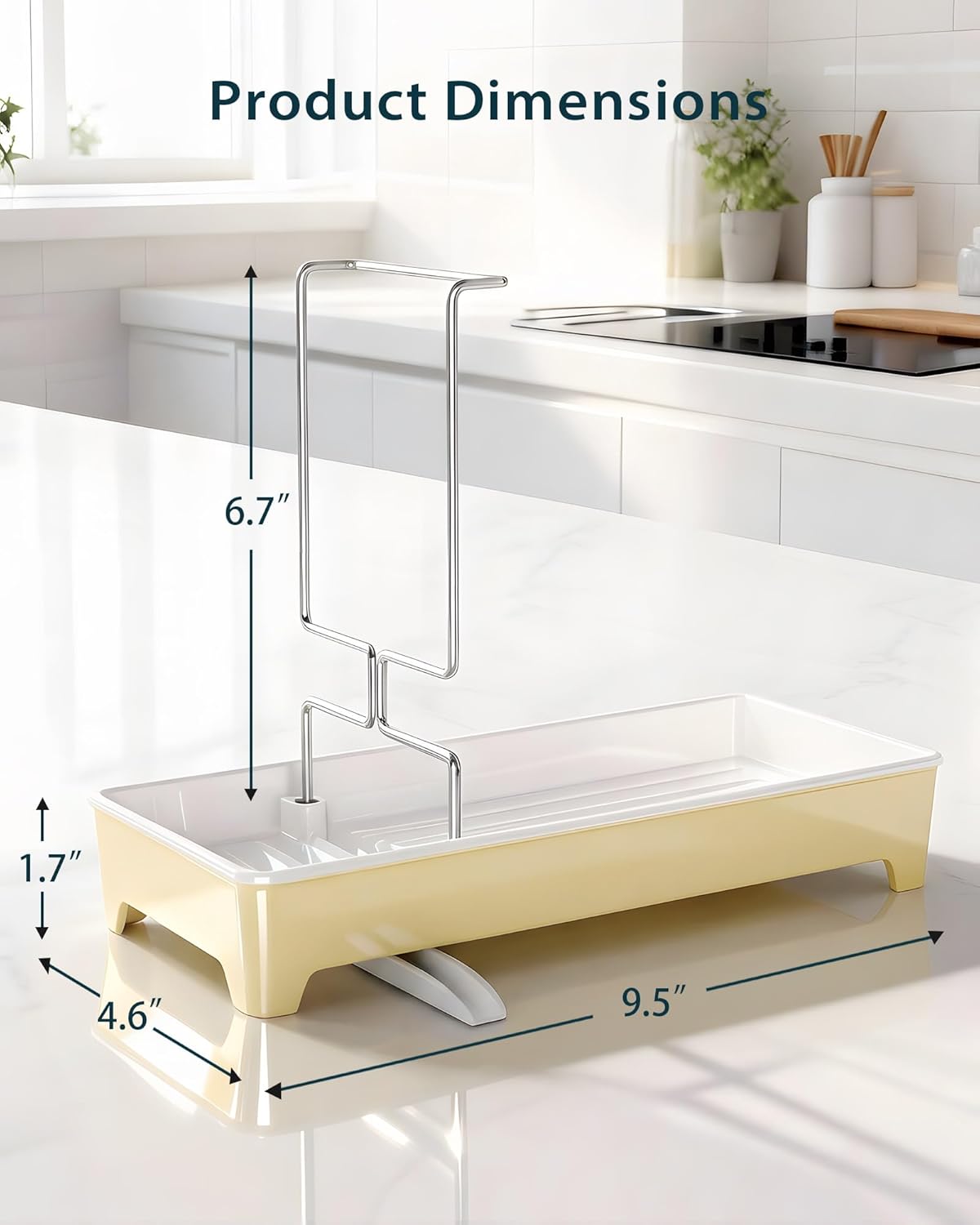 Ceramic-Look Sink Caddy, Rustproof Sponge Holder for Kitchen Sink with 304 Stainless-Steel Brush Holder, Countertop Rack Organizer with Raised Ridges & Silicone Drain Tube (Pastel Yellow)