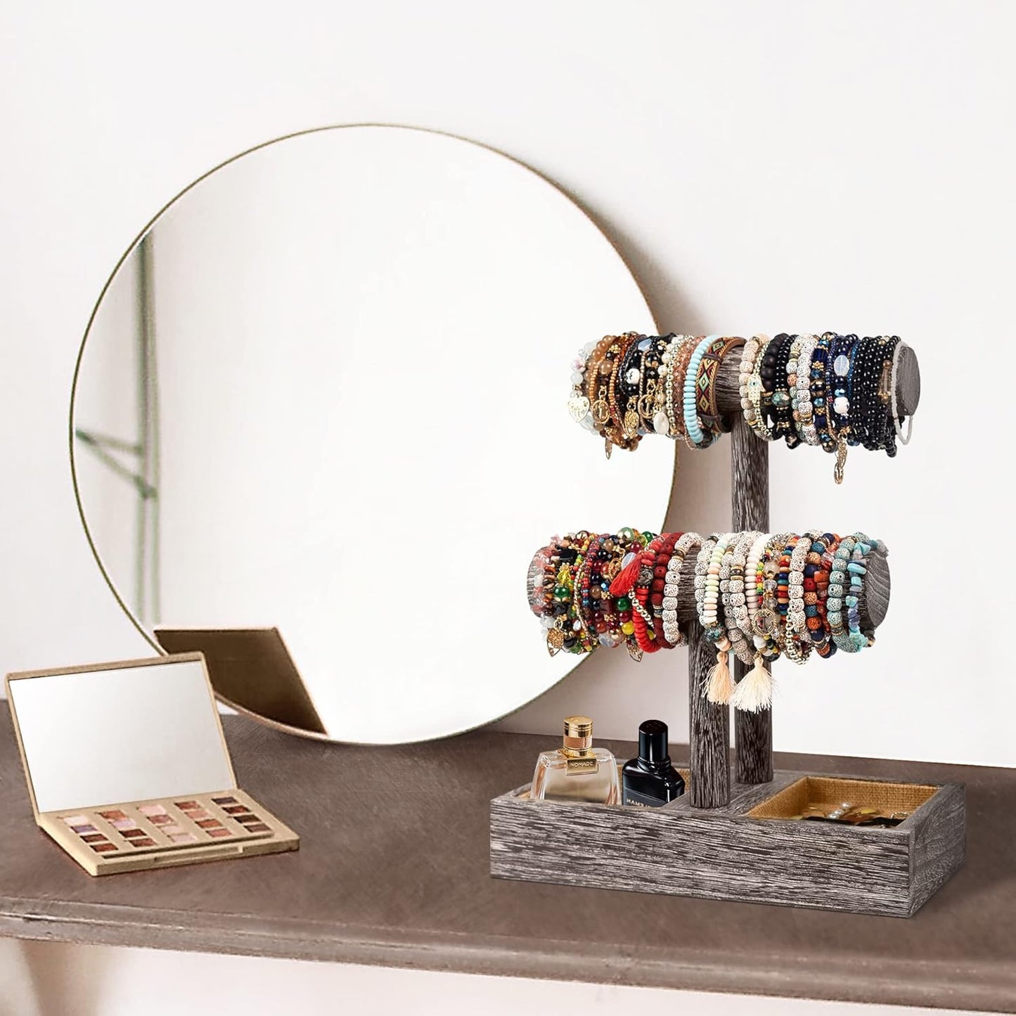 LadyRosian 2 Tier Wooden Display Jewelry Accessory Stand Jewelry Bracelet Holder Bangle Watch Necklace Storage Jewelry Holder Stand Display Organizer, (Antique White-2 layers)