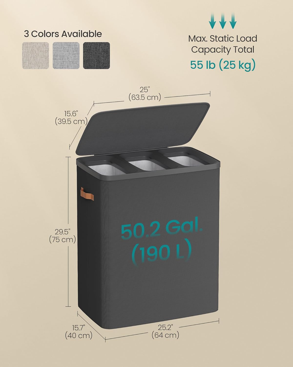SONGMICS Laundry Basket, 50.2 Gal. Laundry Hamper, 3 Compartments, Easy Assembly, with Lid and Handles, Removable Liners, 25.2 x 15.7 x 29.5 Inches, Ink Black ULCB814BH01