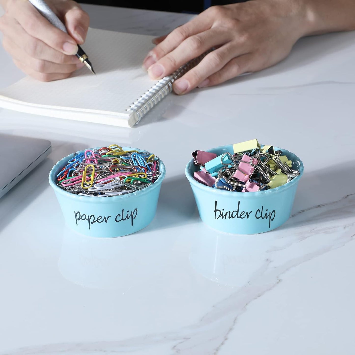 ONTUBE Ceramic Paper Clip Holder and Binder Clip Holder Set (Turquoise)