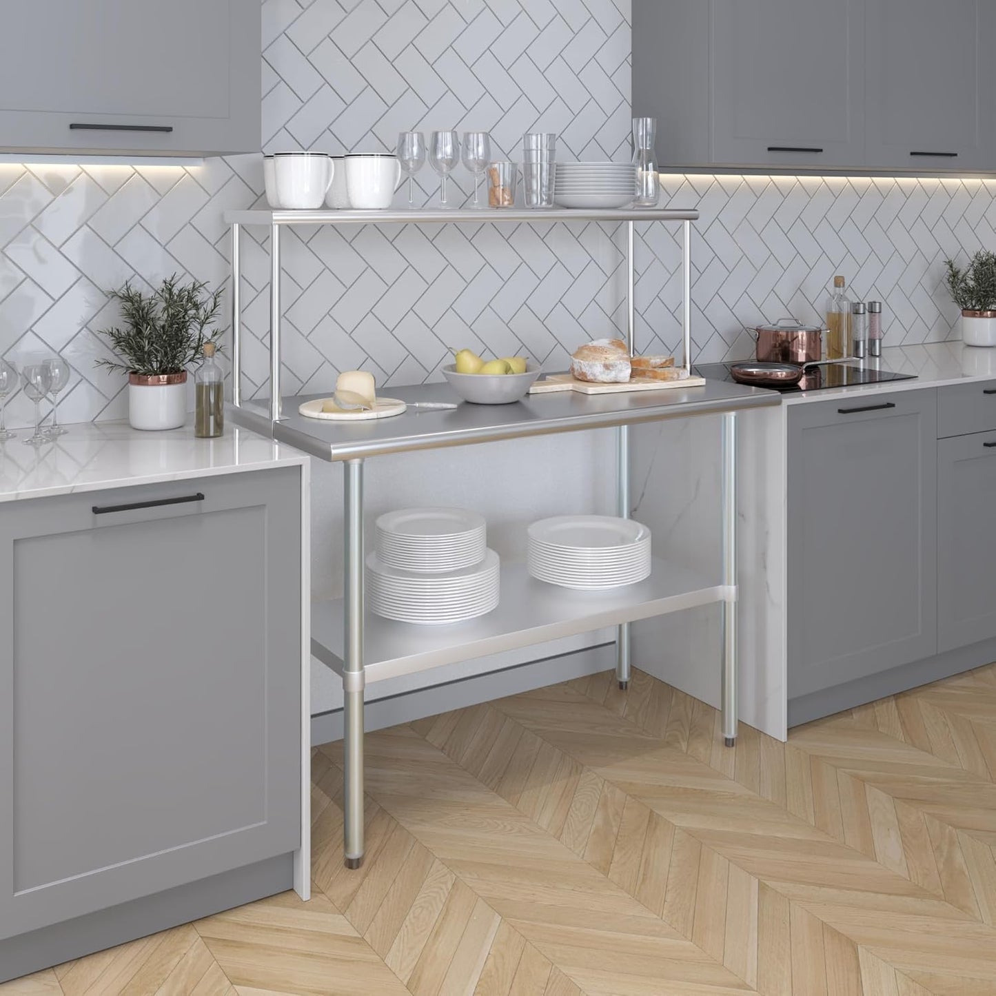 Stainless Steel Work Table with Wide Single Tier Overshelf | Metal Kitchen Prep Table & Shelving Combo (24" x 48" Work Table + 12" Overshelf)