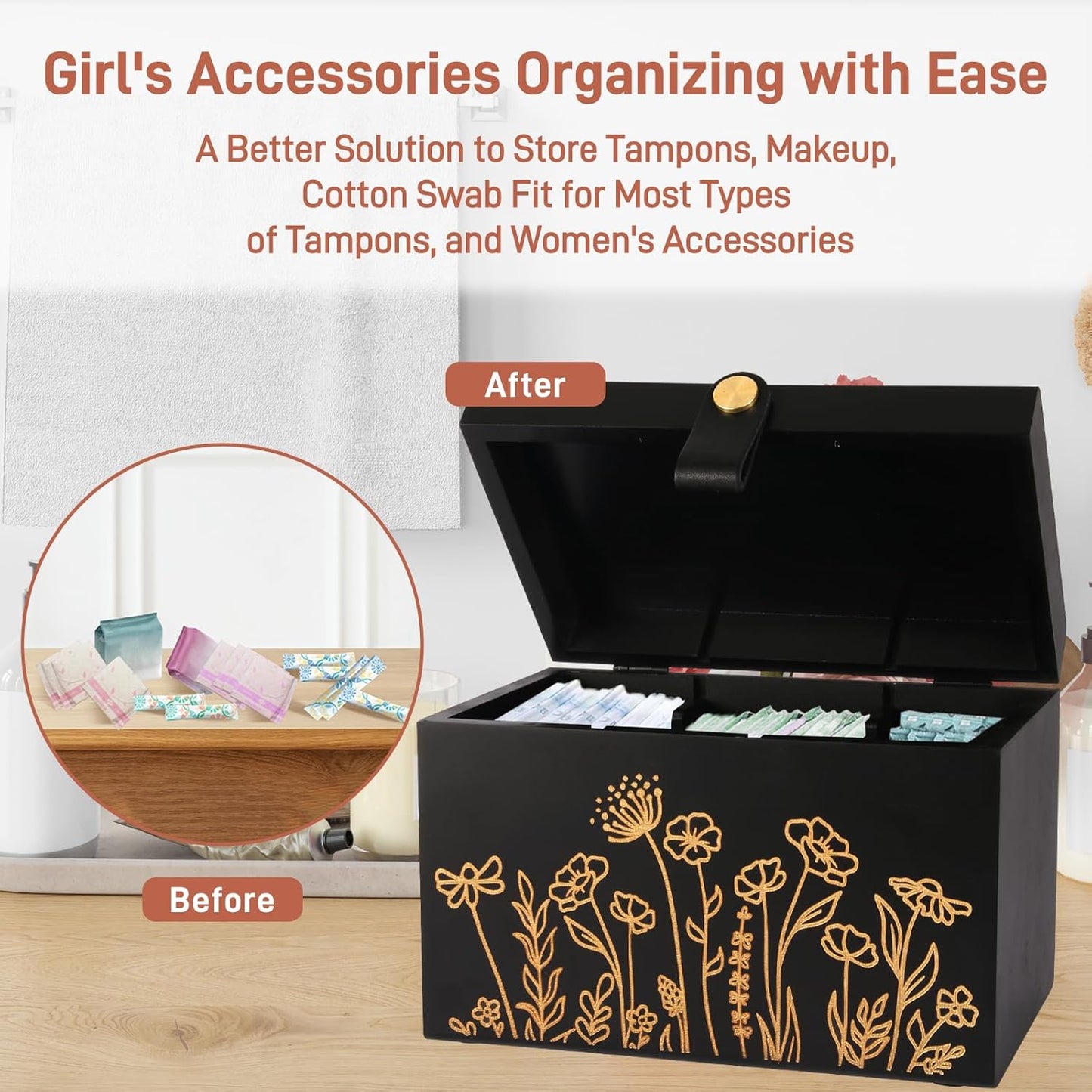 100% Solid Wood Tampon Holder Box with Lid, Copper Leather Pull, Absolute Real Wood Bathroom Decorative Box for Feminine Product Storage and Accessories such as Tampons, Cotton Balls, Gifts for Women