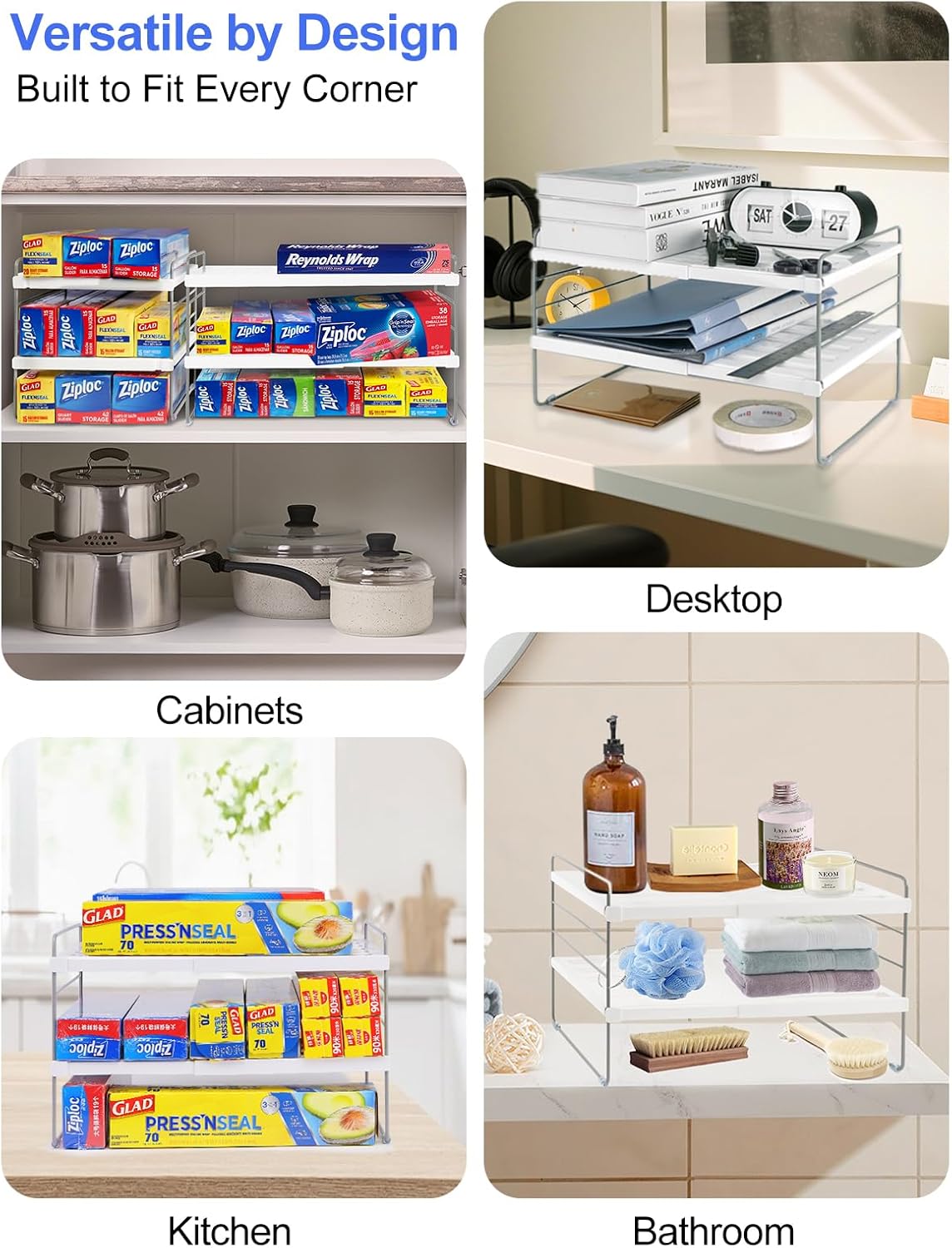 Cirhy Pantry Organizers and Storage,3 Tiers Expandable Foil and Plastic Wrap Organizer, Adjustable Kitchen Cabinet Shelf Organizer, Shelves Storage Rack for Cabinet Countertop (9.8" To 15.6" L)