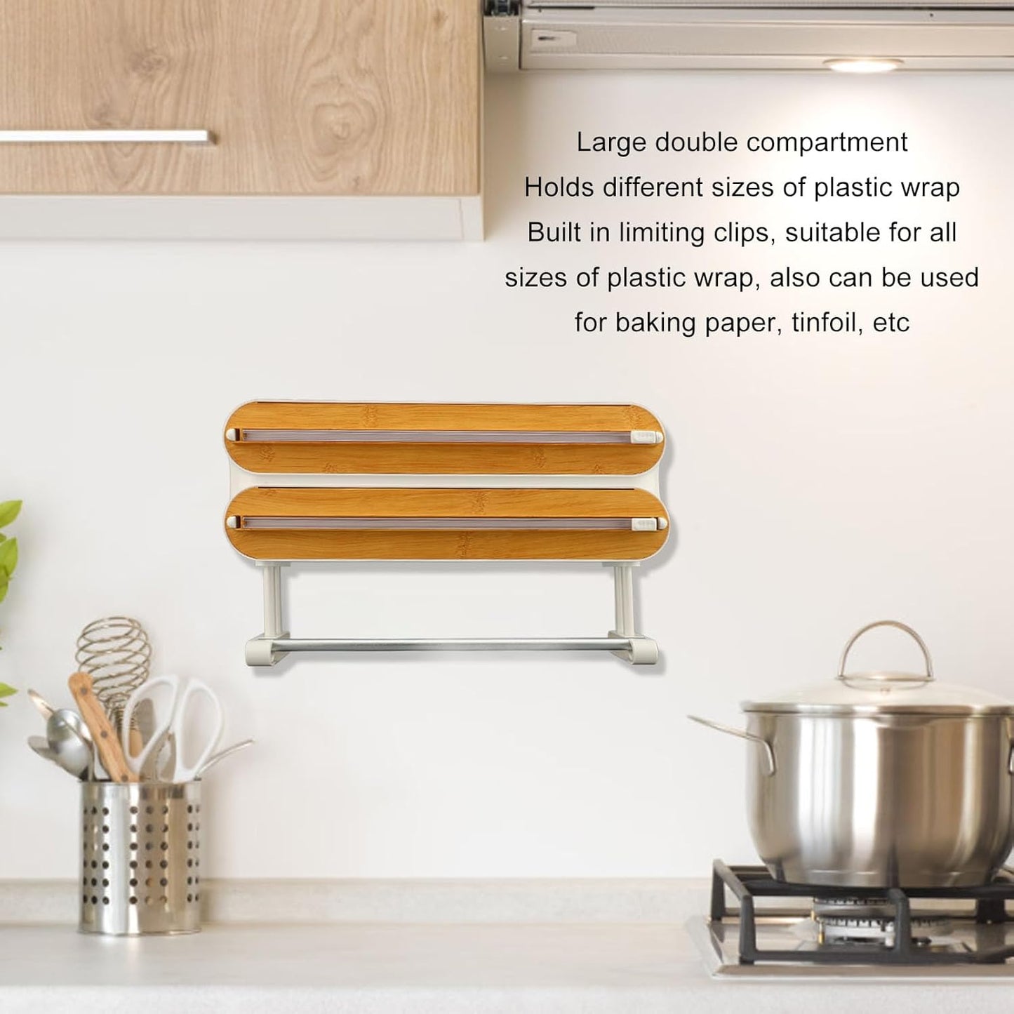 3 in 1 Plastic Wrap Dispenser, Wall Mounted Magnetic Kitchen Organizer with 2 Slots and Hidden Blades, for Aluminum Foil Wax Paper Cling Wrap Storage