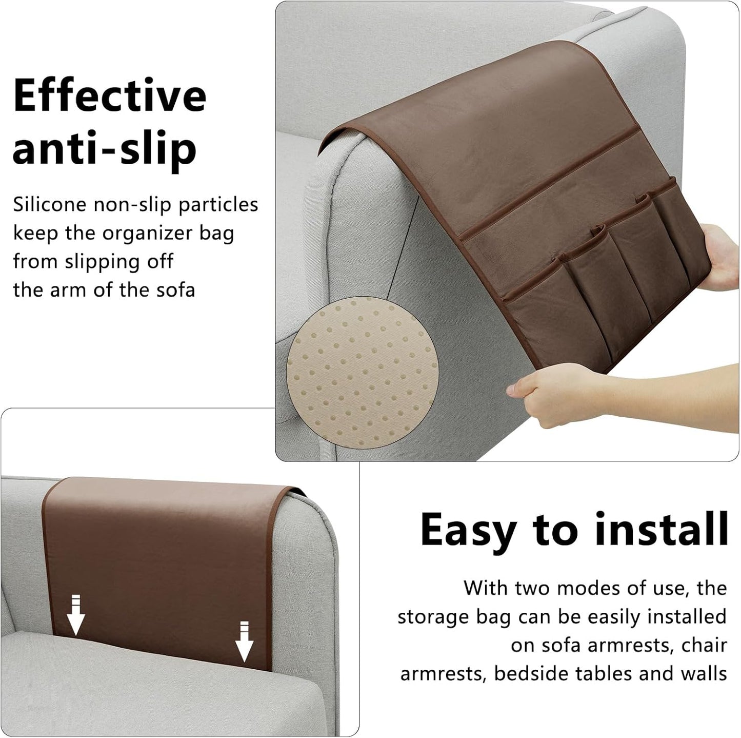 TV Remote Control Holder Couch Caddy, Non-slip Bedside Caddy Organizer with 5 Pockets for Key Glasses Phone Magazine Holders (Brown, 35''x18'')