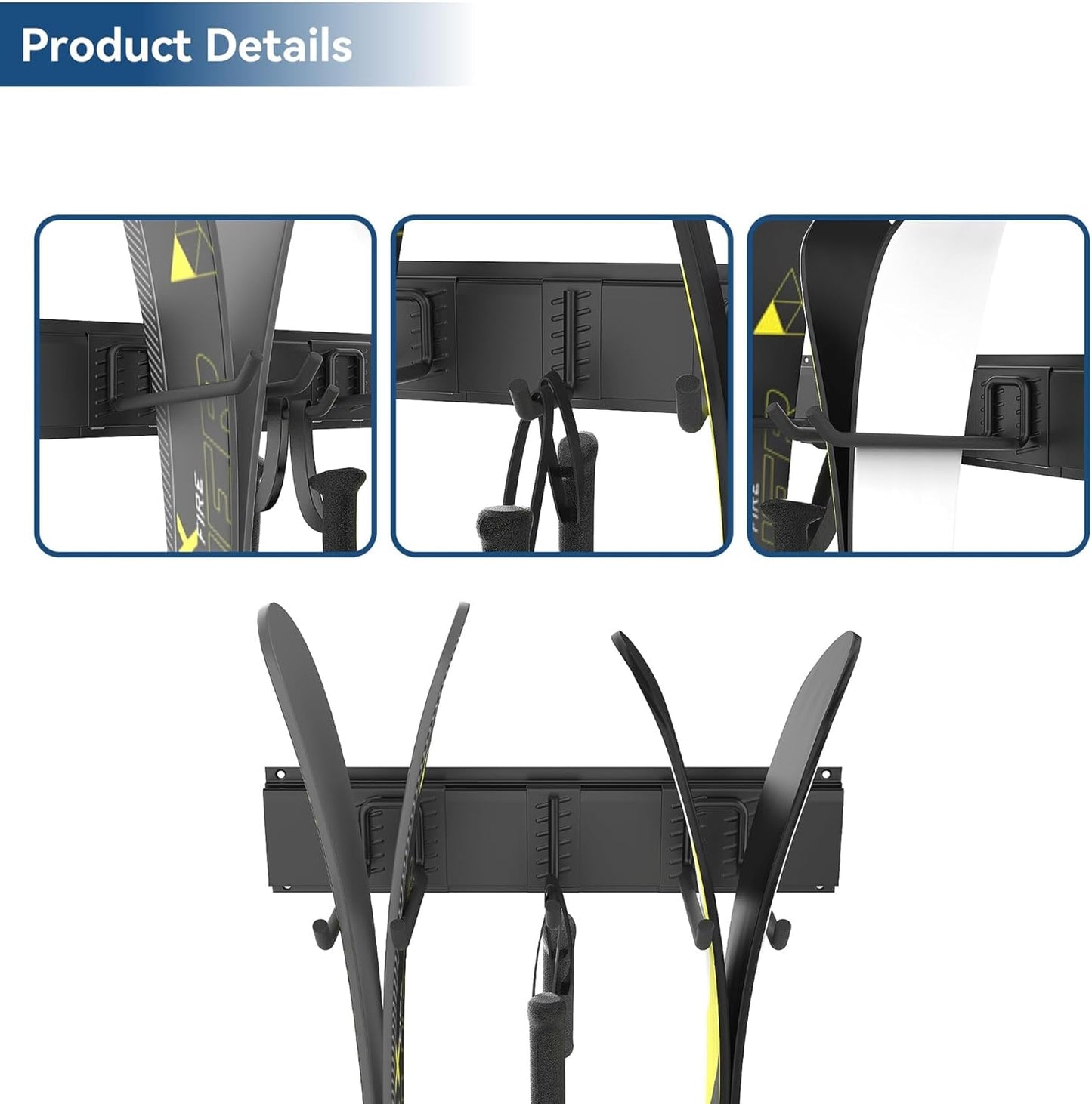 WALMANN Wall Mounted Ski Rack, Garage Ski Storage for 4 Pairs of Skis Mount Hanger Home Shed and Garage Snowboard Wall Rack Holds Up to 200 lbs