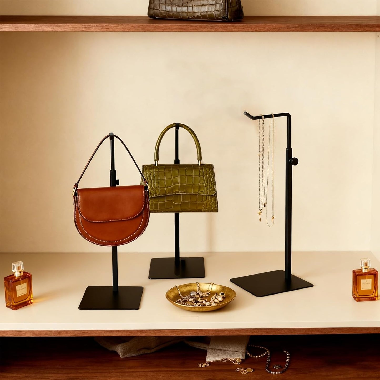 Purse Stand Holder, Adjustable Height Purse Stand for Display, Freestanding Handbag & Purse & Wreath Holder with Non-Slip Base, No Drill Needed for Tabletop, Desk, Closet,Retail