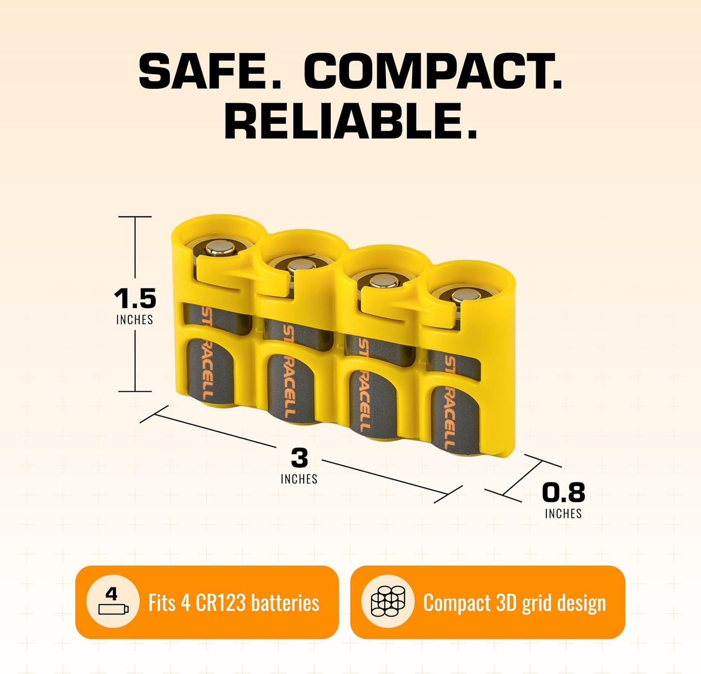 Storacell Slimline CR123 Battery Storage Caddy, Yellow, Holds 4 Batteries (Not Included)
