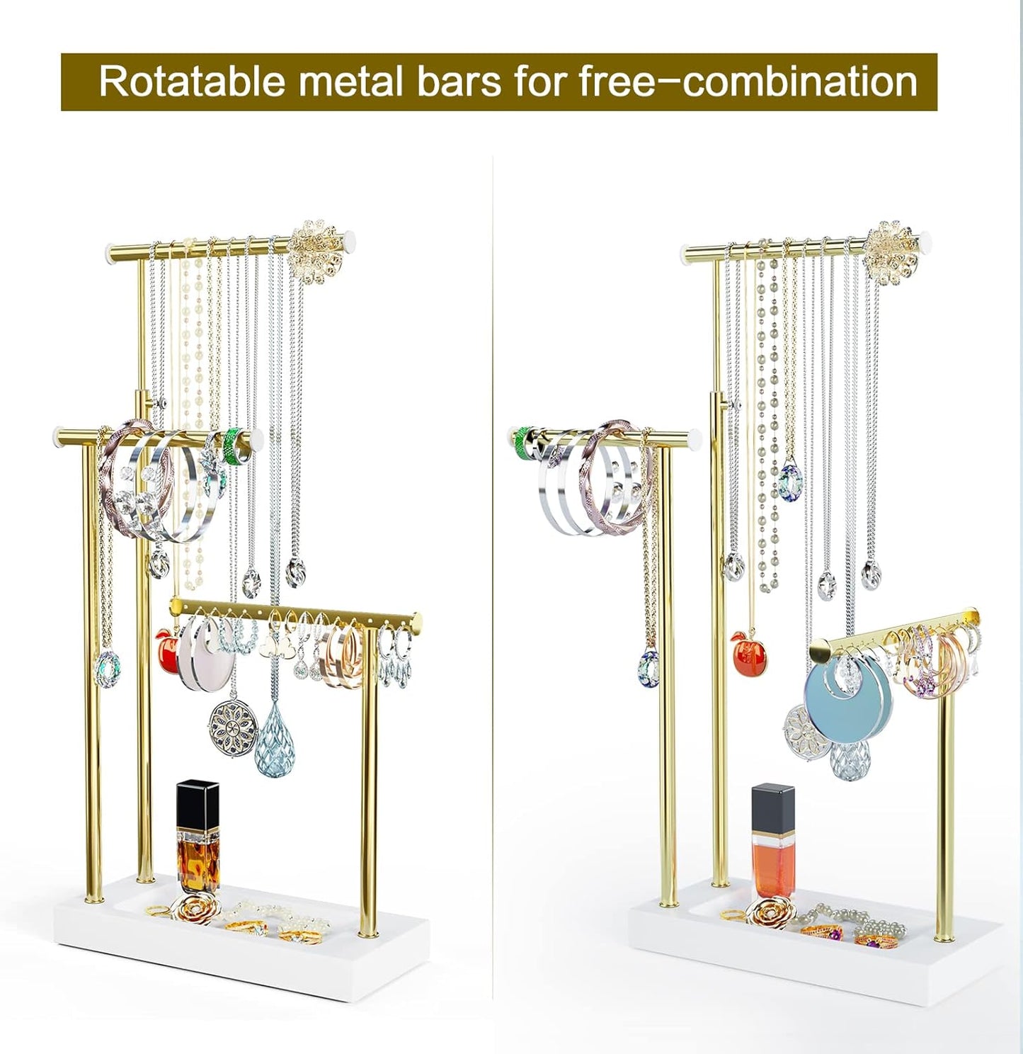 SRIWATANA Jewelry Organizer Display Extra Tall Necklace Holder 3 Tier Jewelry Tree Stand, Gift Idea (White & Gold)