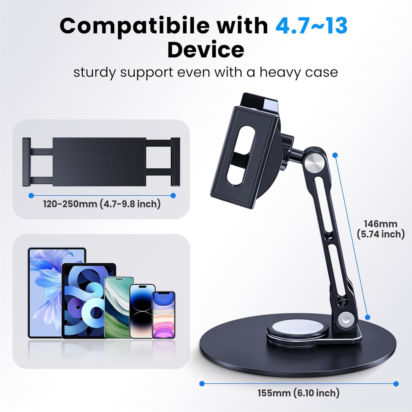 Tablet Stand Holder for iPad, Adjustable with 360 Rotating Base for Desk, Aluminum Swivel Tablet Stand Compatible with iPad Air, Mini, 10.2,9.7, Pro 11/13 and More