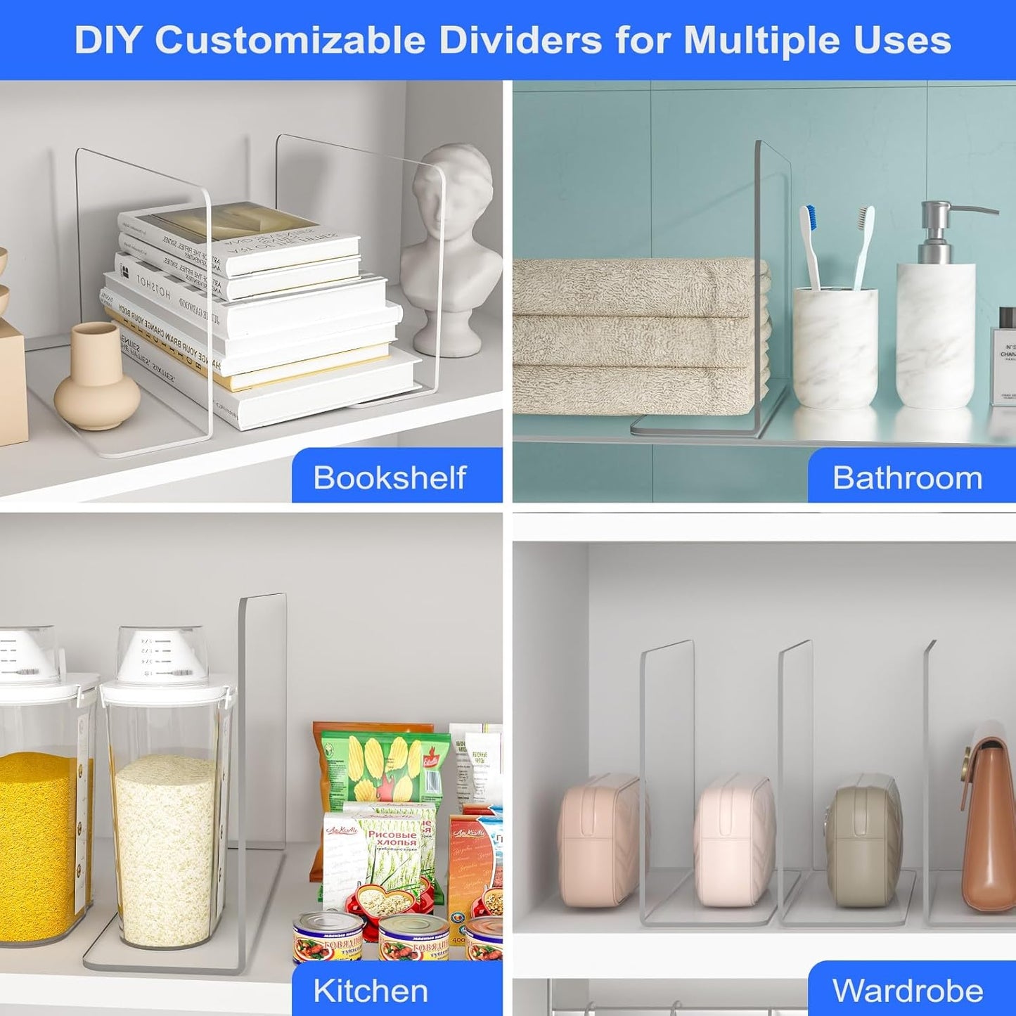 OKPOW Shelf Dividers Closet Organizer - 7.5" Tall X 11.8" Deep Acrylic Clear Sturdy Separate for Clothes Purse - Adjustable Space Saver Easy Install for Home Organization Enthusiasts 4 Pack