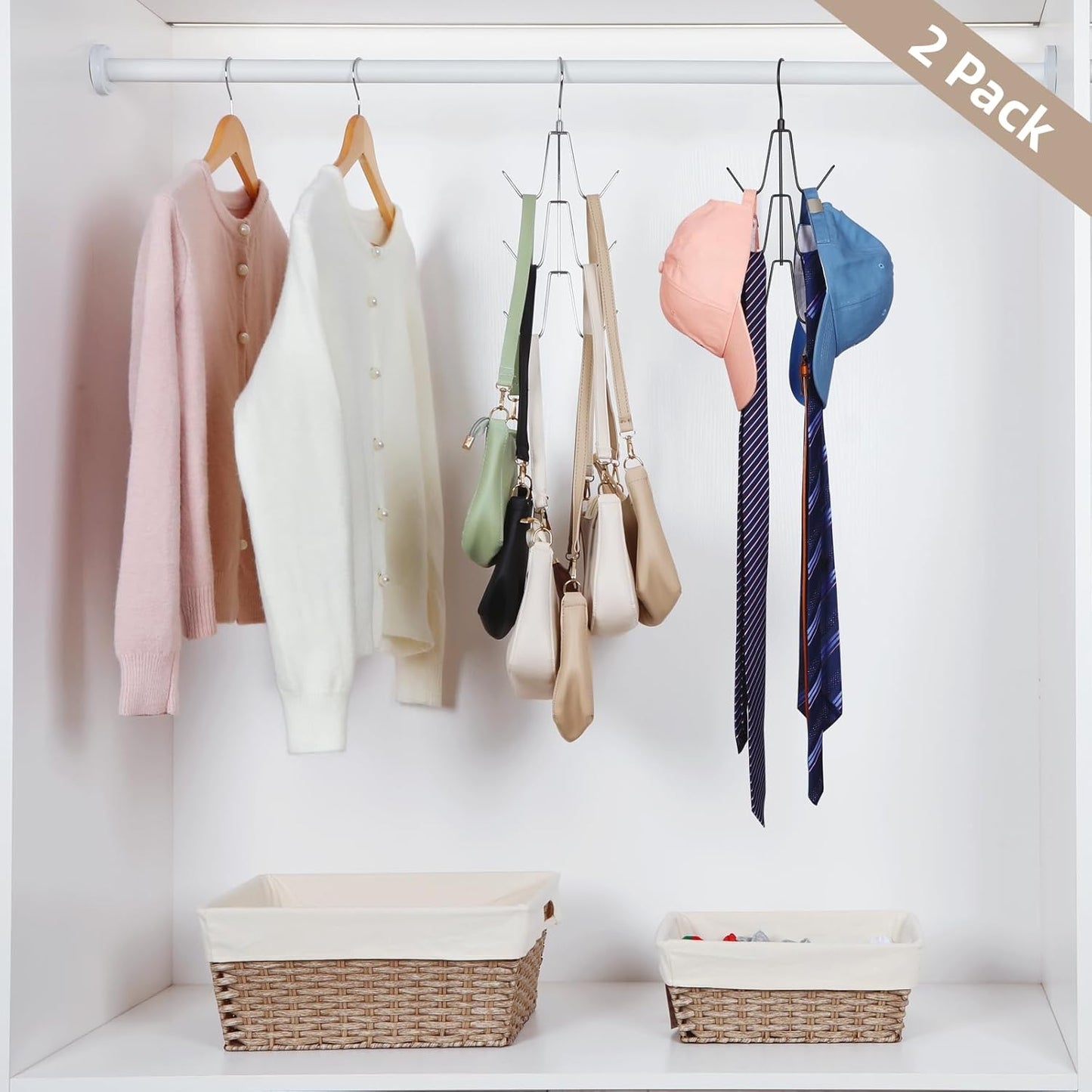 TOPIA HANGER Purse Hanger Organizer for Closet, 2-Pack Handbag Organizer Hanger, 360°Swivel Metal Purse Hooks, Bag Rack, Belt Organizer, Tie Rack, Scarf Hanger, Bag Storage Organizer, Black