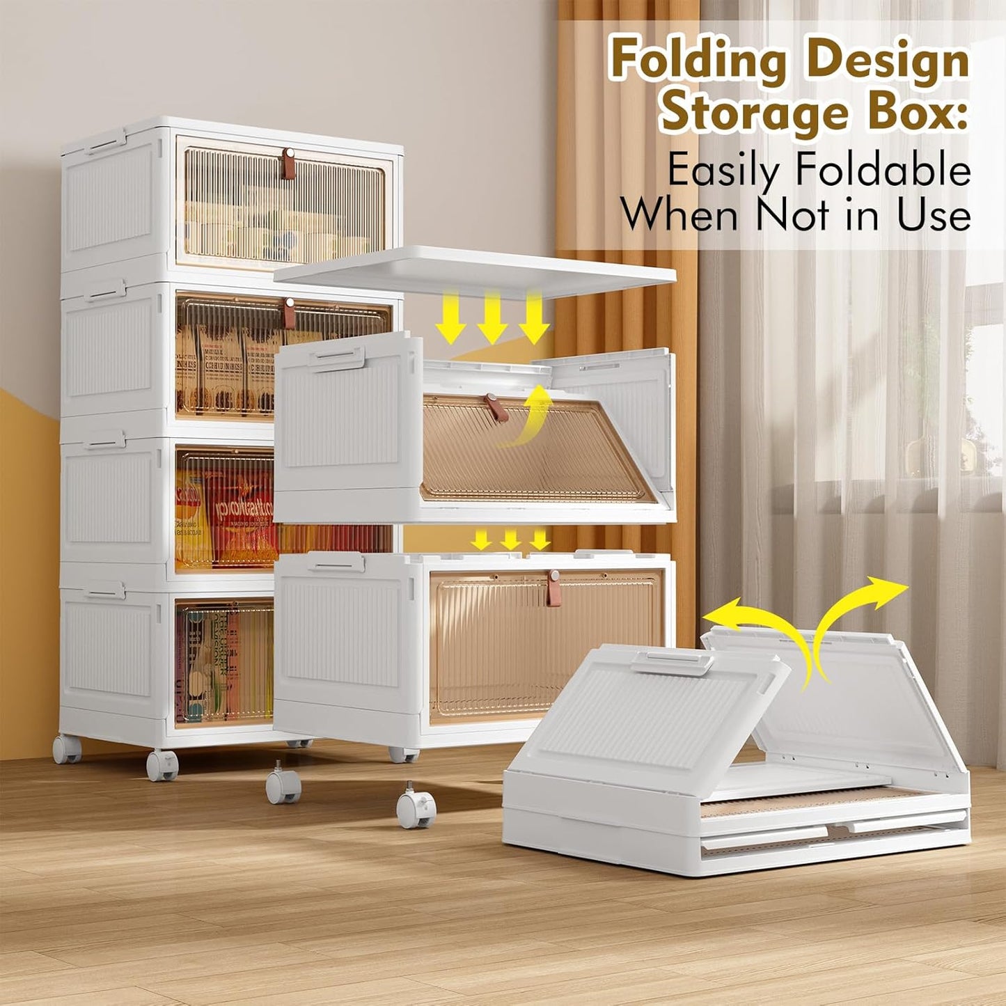 4 Tier Stackable Storage Bins with Lids, 28Qt Plastic Storage Containers with Magnetic Doors & Wheels, Convenient Storage Bins Closet Organizers, Rigid Household Organization for Home