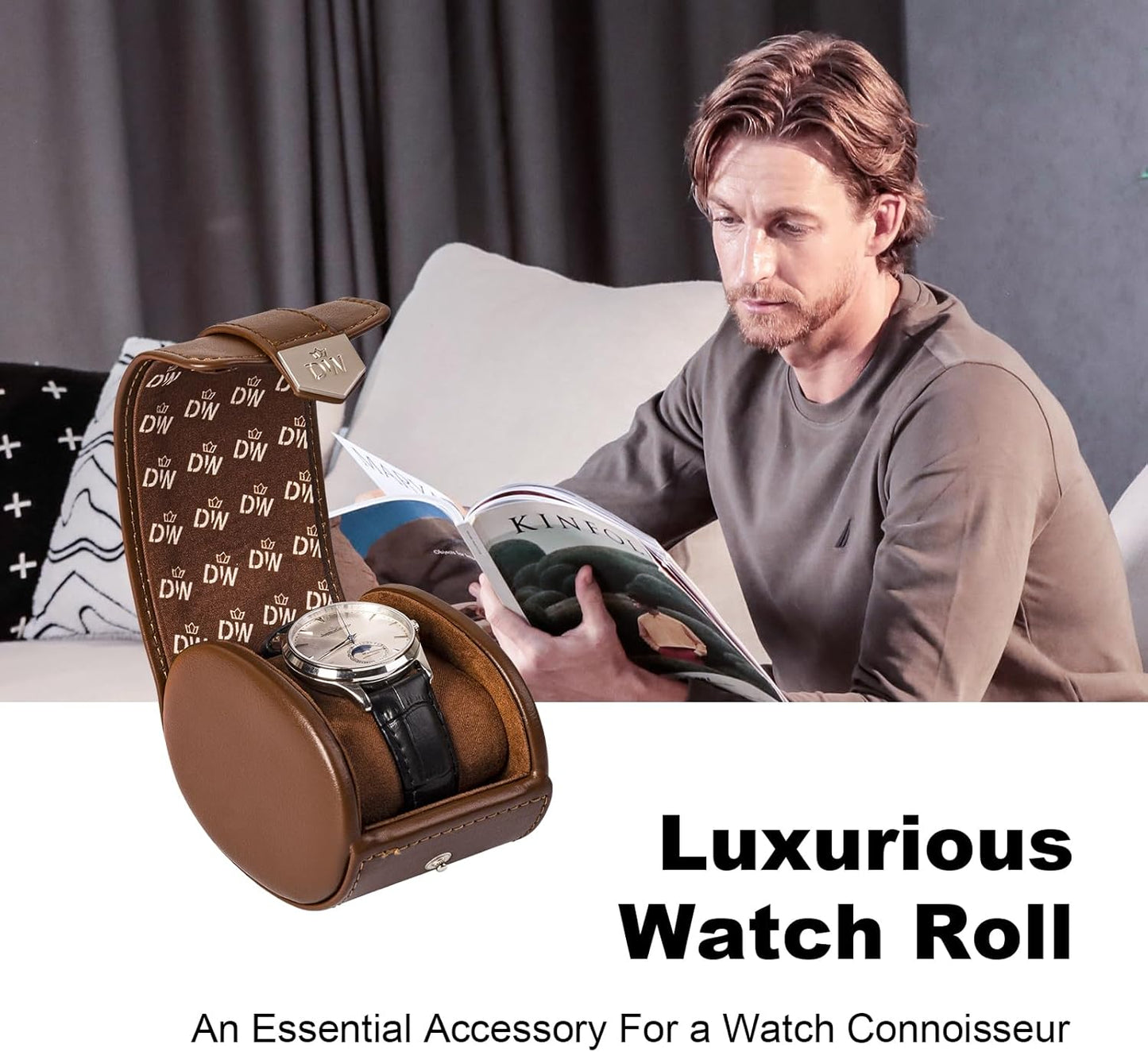 DUKWIN Watch Roll,Vegan Leather Travel Single Watch Case Organizer with Removable Pillows for Men and Women, Display Case for All Watches Collection and Gift for Anniversary Birthday(Brown Storage)