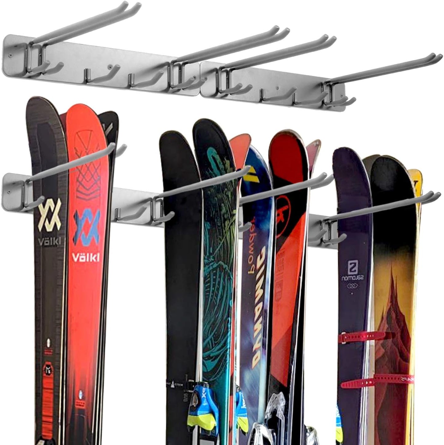 Wall Mount Ski Storage Rack,Garage Snowboard Storage Organizer 8 Pairs Metal Hooks Indoor Outdoor System Organization(Grey 2pack