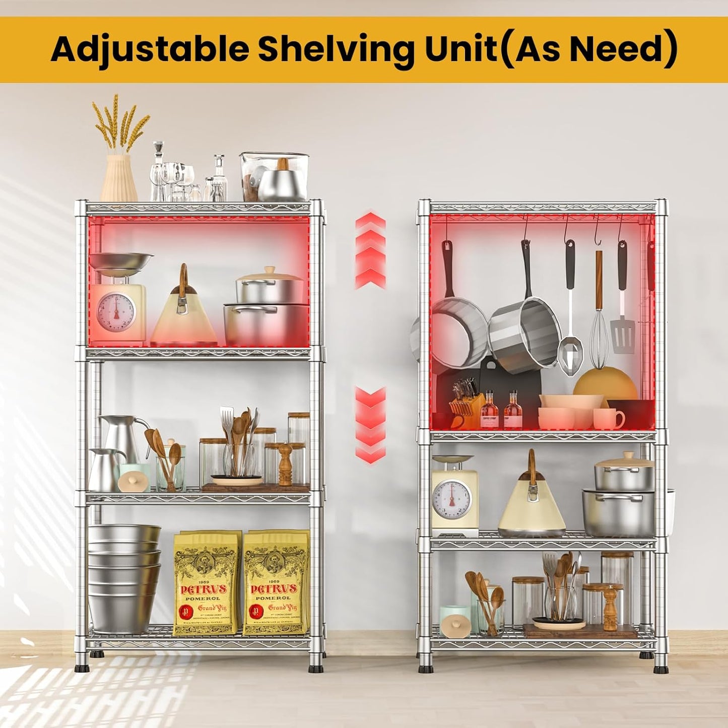 4- Shelf Storage Shelves Wire Shelving Unit Adjustable Metal Shelving Sturdy Steel Commercial Shelf organize Rack Units Heavy Duty 2200 LBS,for Garage Laundry Bathroom Organization Kitchen Closet